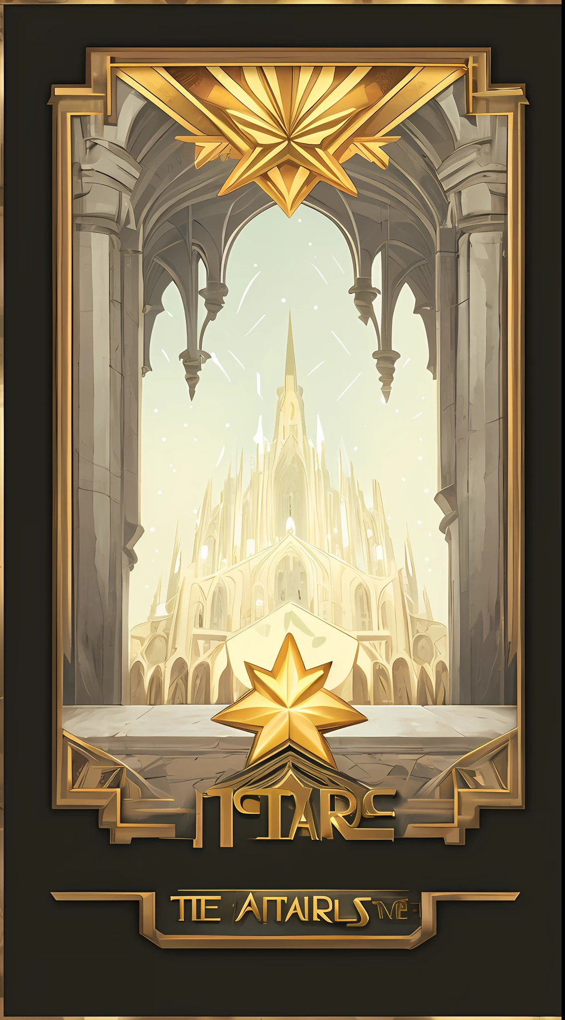 There is a picture of a poster,There is a star inside, complex tarot card background, star wars art deco, symmetrical tarot illustration, background art deco palace, tarot card background, tarot design, fractal tarot card style, ornate border + concept arts, the star tarot card, art deco medieval style, high detailes + tarot cards, cathedral background, tarot card frame