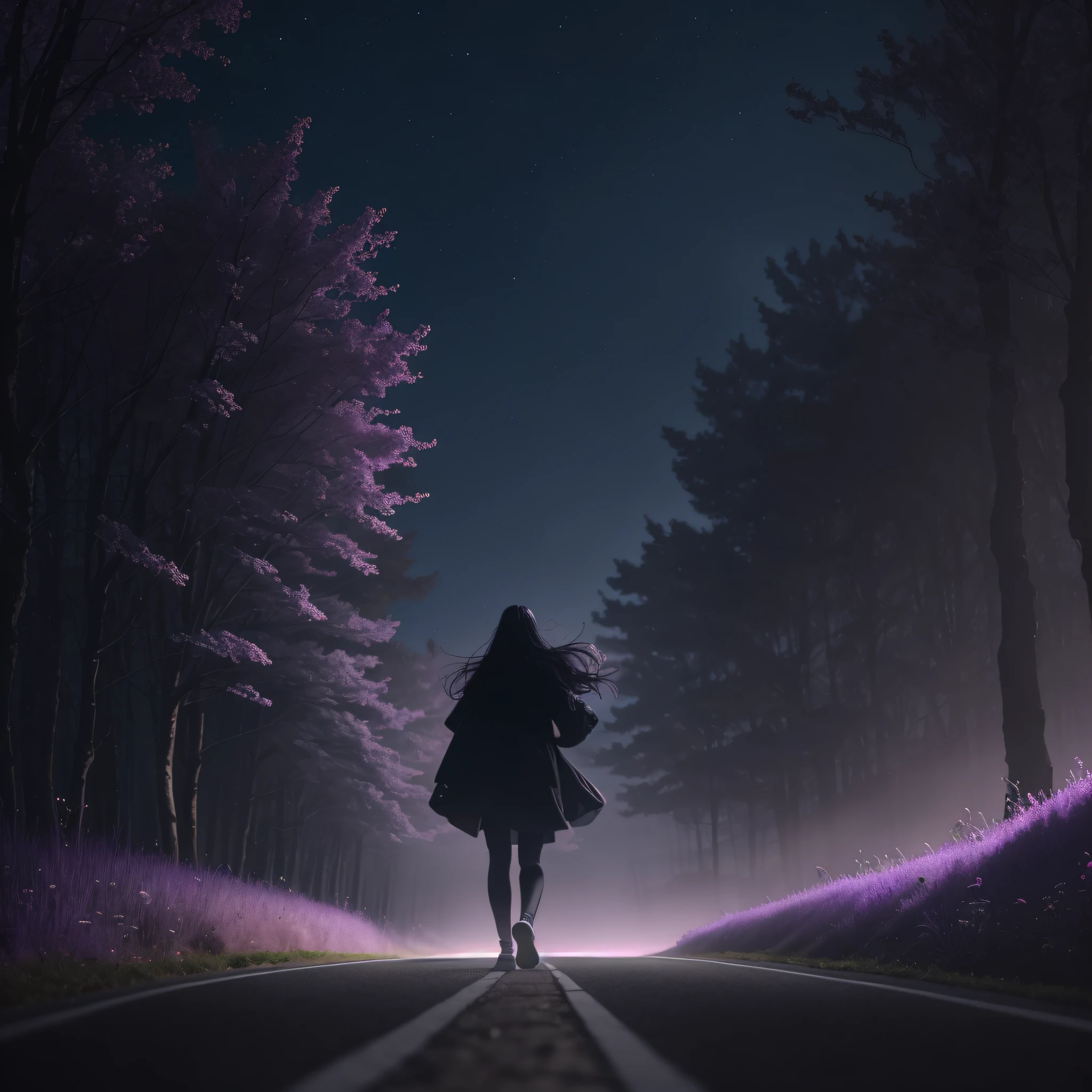Woman walking head-on down a road at night, with fog and shadows, wavy and long black hair, hand hidden, high quality, ultra-detailed, 8k, masterpiece, (volumetric lighting), black magic, fanciful, lilac colors, purple, black and vivid shadows on the woman's return. --auto --s2
