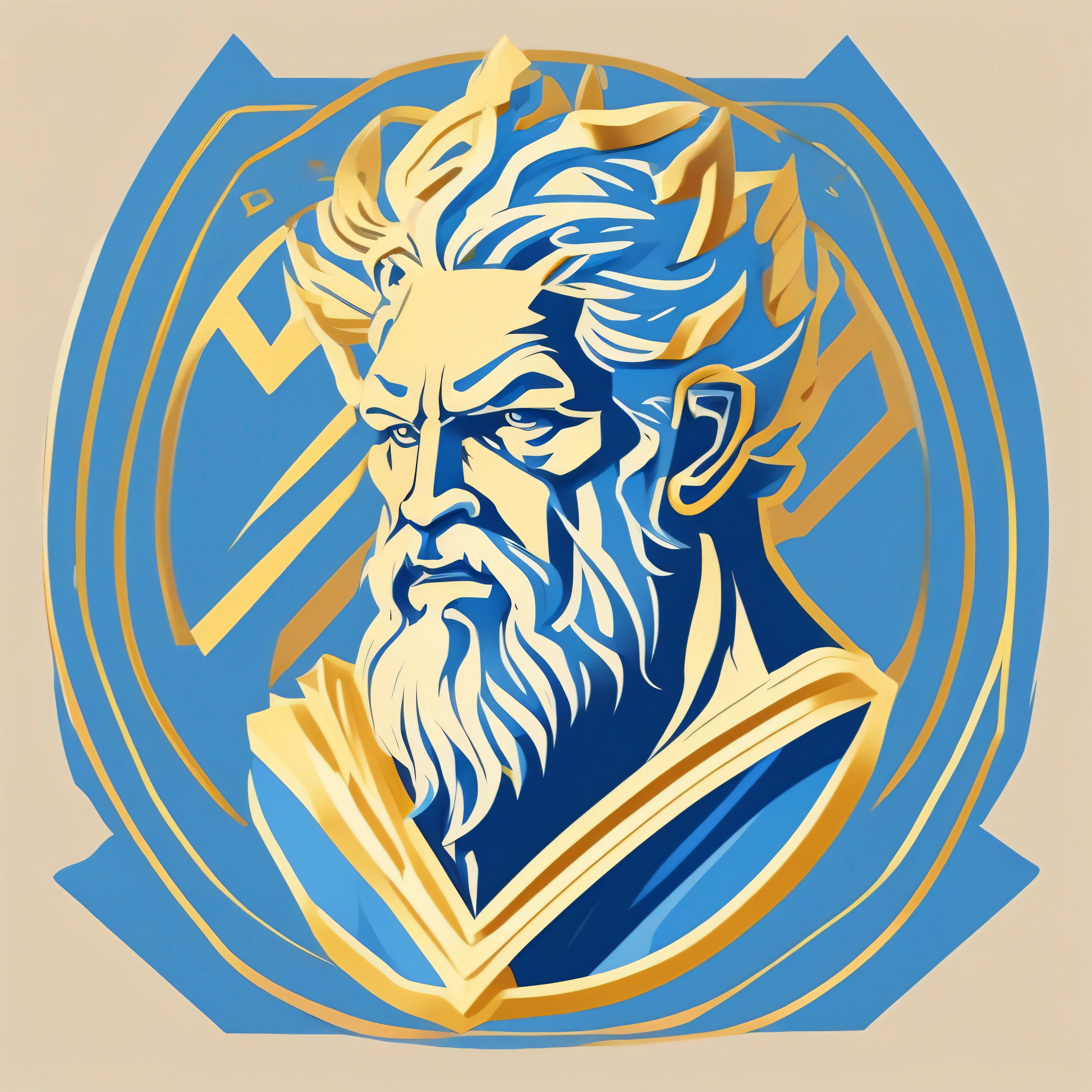 Logotipo minimalista de Zeus inspirado no estilo de James Jean. Plain and simple icon depicting Zeus with sharp lines and defined outlines. Paleta de cores de azul profundo e dourado reluzente. Elegant typography and consistent spacing. Powerful combination of mythological elements and artistic aesthetics