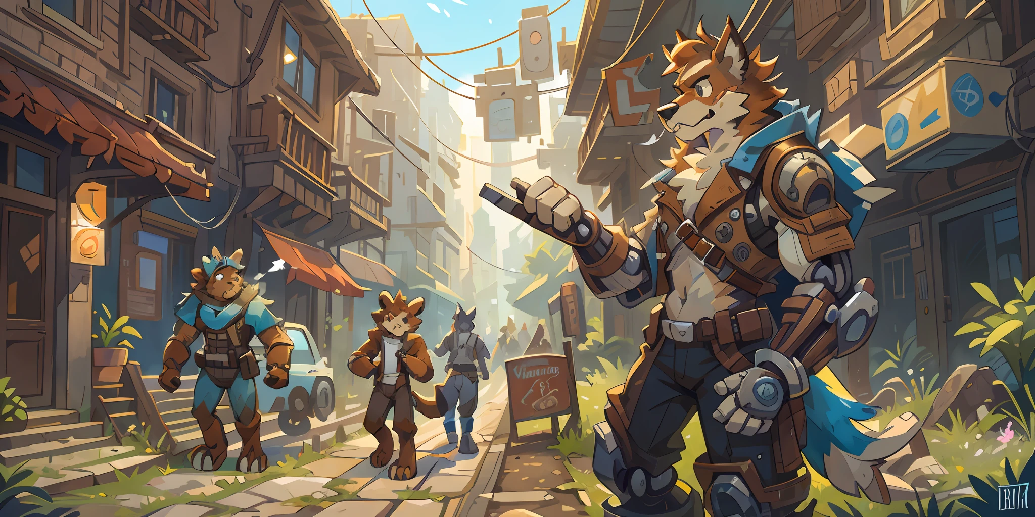top quality, High-quality illustrations by Johannes Vermeer, masterpiece, Dark_Fantasy, Cyberpunk, steam punk(super handsome boy, single, kemono)Mechanical marvel, Robotic presence, Cybernetic guardian, wearing a worn-out mech suit, intricate(steel metal, rusty)(furry anthro:1.7)(Furry body, dog facial features, dog body features)elegant, clear focus, shot by greg rutkowski, soft lighting, vibrant colors, masterpiece((street))cowboy shot, dynamic pose,