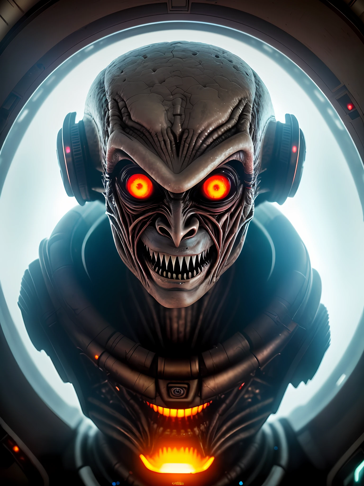 an alien in a spaceship , ((close up, face, scary, horror, demonic, highly detailed, best quality, masterpiece)), raw, 8k uhd, smiling, flashlight,