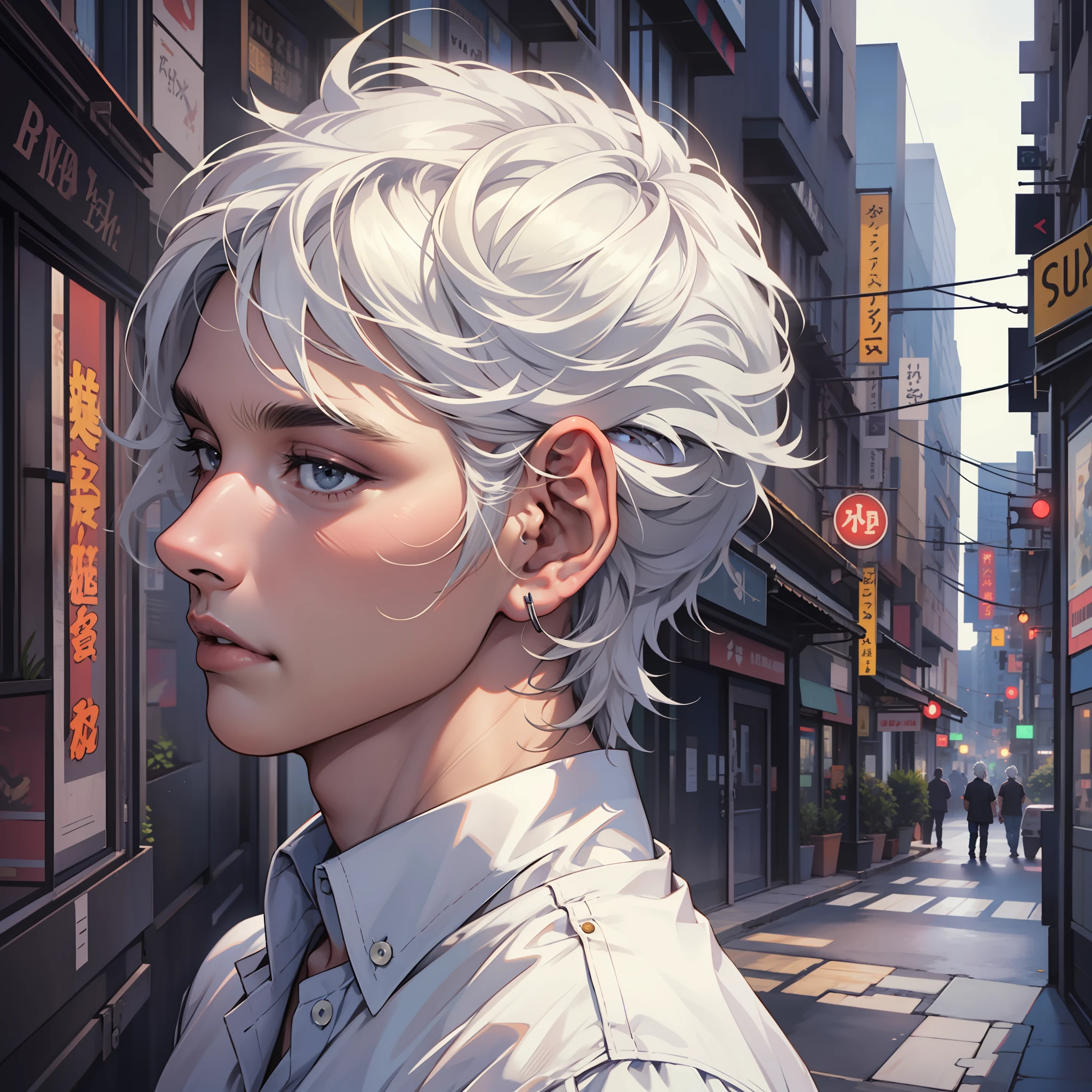 ((realistic: 1.5)),((best quality)), ((masterpiece)),((detailed)), man in profile, young, white-haired, short, white shirt, full body, walking, city