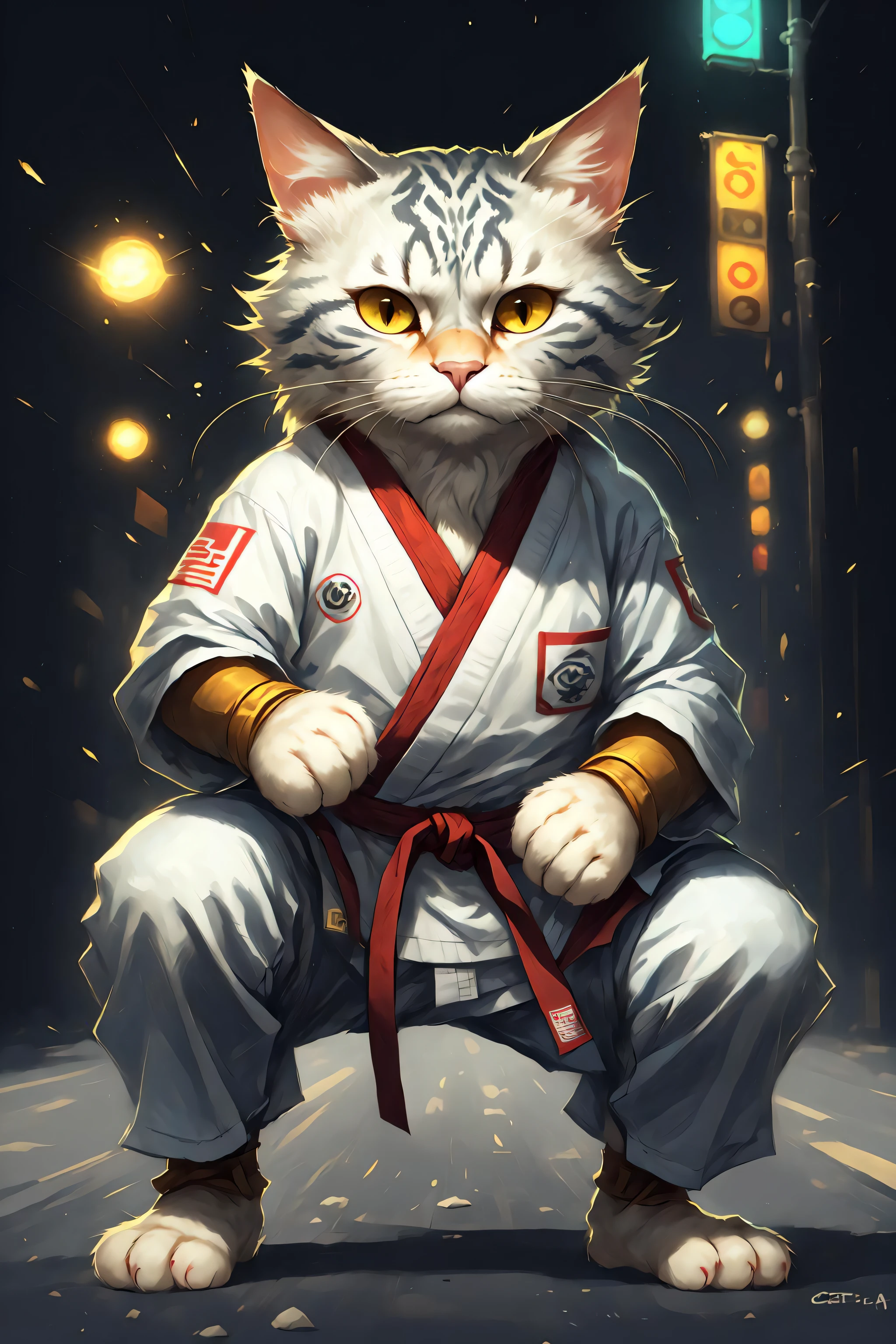 c4ttitude, wearing white karate outfit, red bandana, focusing energy, street fighter