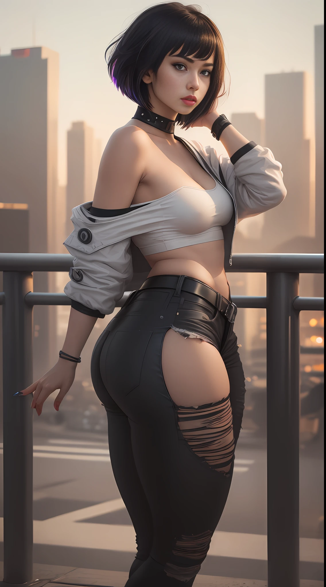masterpiece, (photorealistic:1.4), best quality, beautiful lighting, (ulzzang-6500:0.5),
lucy \(cyberpunk\), 1girl, against railing, arm rest, bangs, bare shoulders, belt, black belt, black leotard, black pants, blurry, bob cut, breasts, building, cityscape, clothing cutout, cropped jacket, cyberpunk, depth of field, from side, gradient eyes, grey eyes, grey hair, jacket, leotard, lips, long sleeves, looking afar, looking ahead, mechanical parts, medium breasts, multicolored eyes, multicolored hair, night, night sky, off shoulder, open clothes, open jacket, outdoors, pants, parted lips, railing, red eyeliner, science fiction, short hair with long locks, short shorts, shorts, sidelocks, sky, solo, standing, teeth, thigh cutout, upper teeth only, white jacket, white shorts, cyberpunk \(series\), cyberpunk edgerunners, RAW photo, 8k uhd, film grain