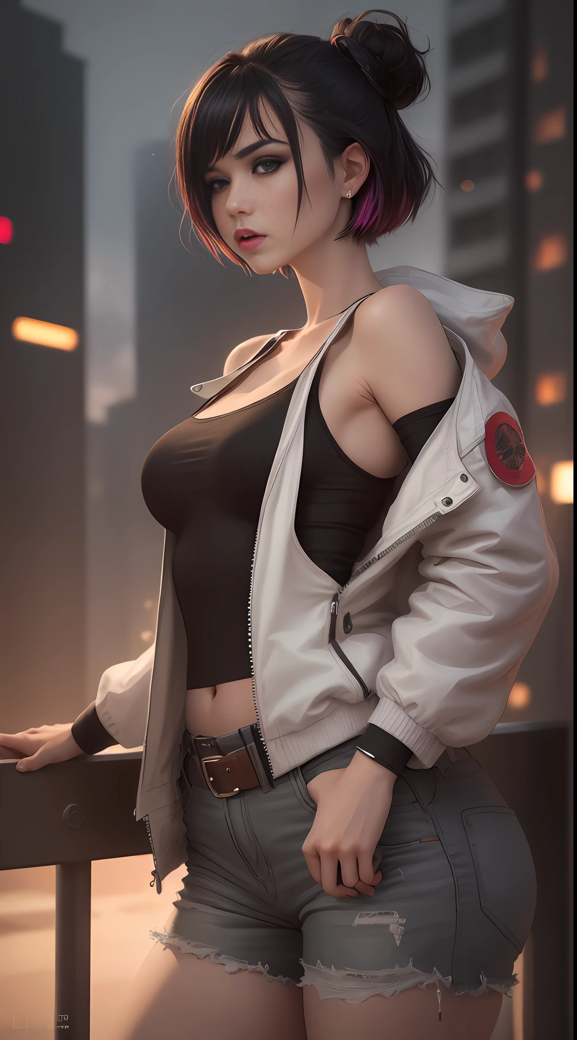 masterpiece, (photorealistic:1.4), best quality, beautiful lighting, (ulzzang-6500:0.5),
lucy \(cyberpunk\), 1girl, against railing, arm rest, bangs, bare shoulders, belt, black belt, black leotard, black pants, blurry, bob cut, breasts, building, cityscape, clothing cutout, cropped jacket, cyberpunk, depth of field, from side, gradient eyes, grey eyes, grey hair, jacket, leotard, lips, long sleeves, looking afar, looking ahead, mechanical parts, medium breasts, multicolored eyes, multicolored hair, night, night sky, off shoulder, open clothes, open jacket, outdoors, pants, parted lips, railing, red eyeliner, science fiction, short hair with long locks, short shorts, shorts, sidelocks, sky, solo, standing, teeth, thigh cutout, upper teeth only, white jacket, white shorts, cyberpunk \(series\), cyberpunk edgerunners, RAW photo, 8k uhd, film grain