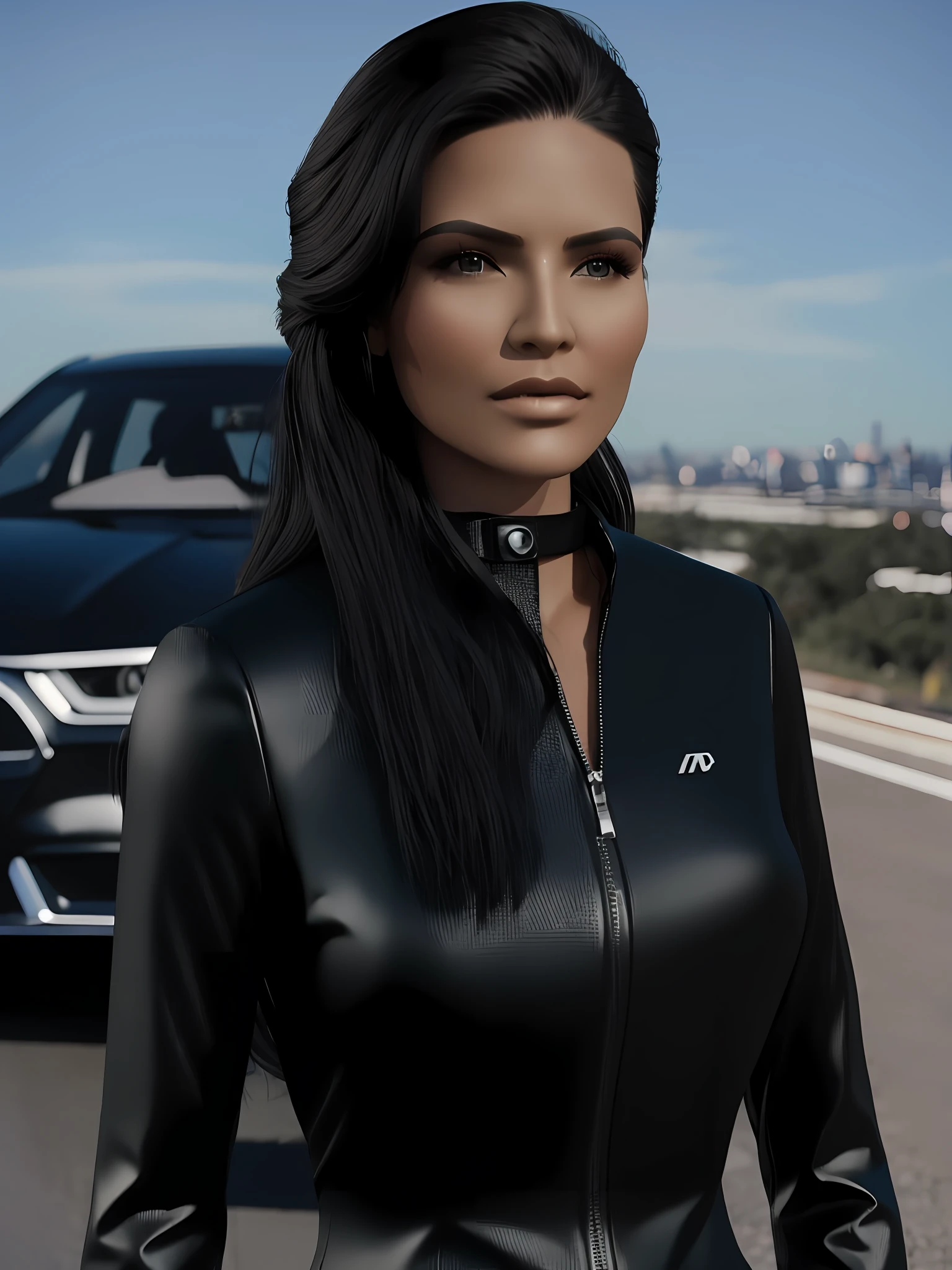 v3dv, Realistic (( 1 woman only )) corpo escultural, futuristic clothing, fundo um carro preto na luz da borda da cidade