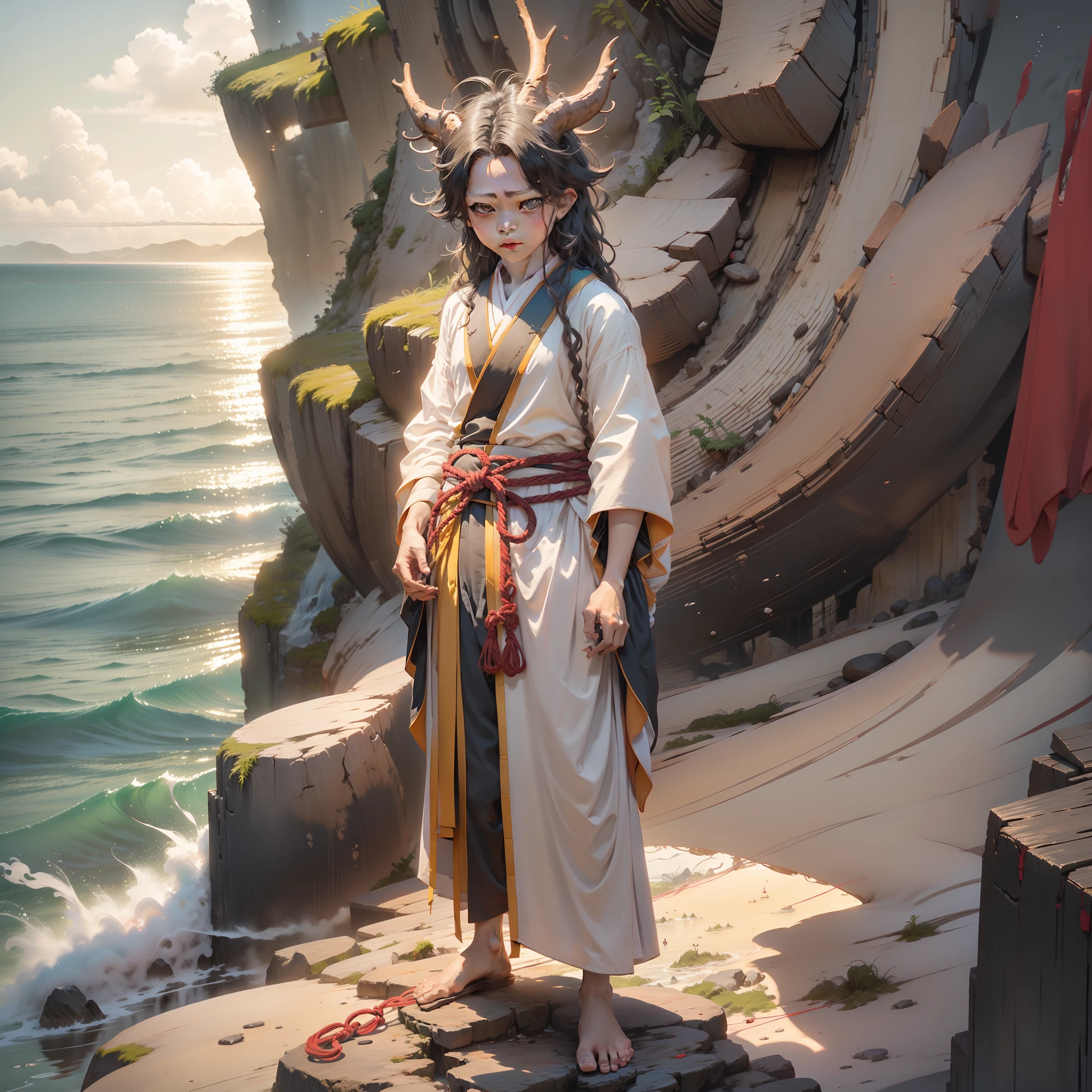 Eight-year-old boy,Dragon horns,wearing a hanfu,Cutes,long length hair,Barefoot,A red rope is tied to the feet,Standing on a sea cliff,Look into the waves in the distance,One Man
