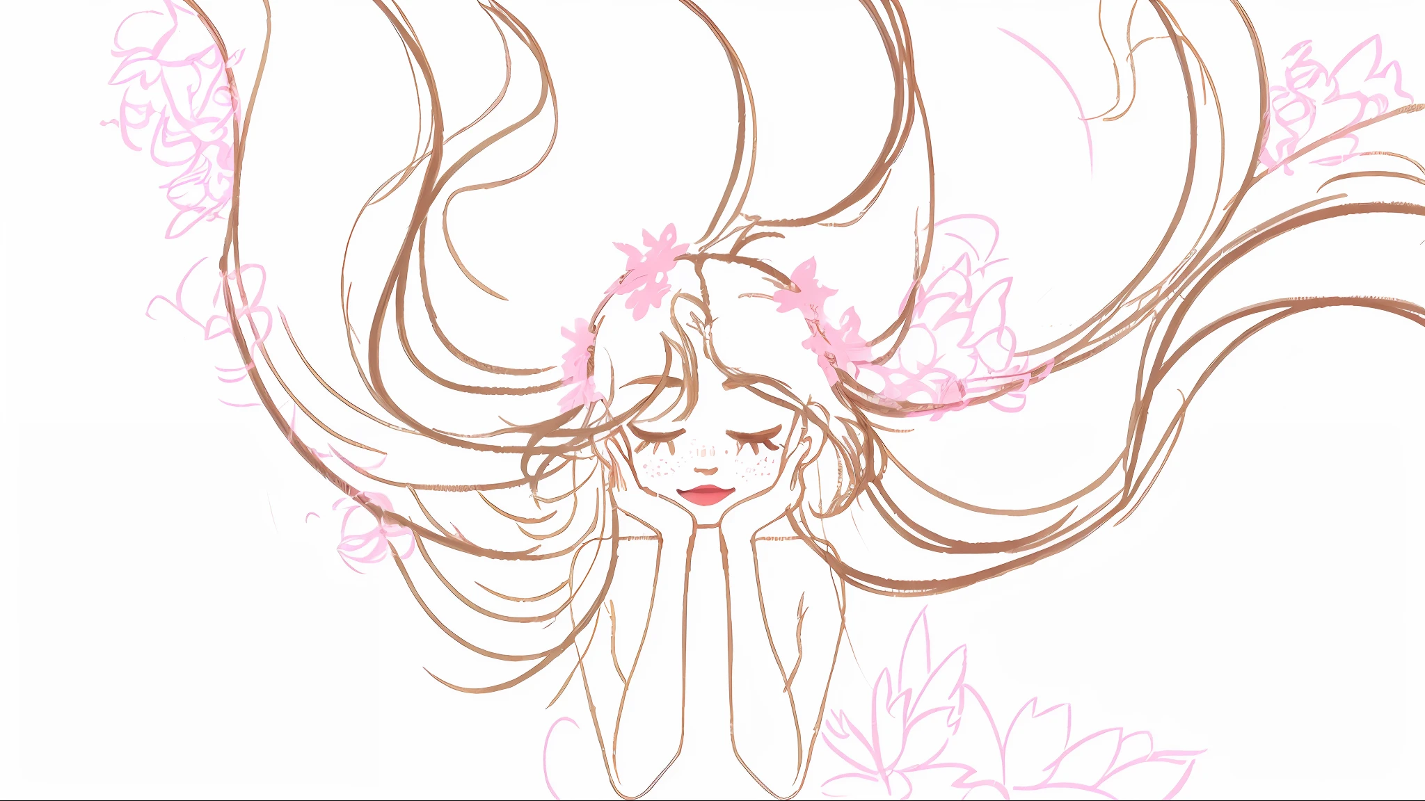 Stick figure American style,Graphic illustration about shampoo products,A long-haired girl,hair flowing down,The hair is very flowy,There are many cherry blossoms in the hair,Cherry blossom garland,The girl closed her eyes,Hold your cheeks with your hands,affectionate,intoxicated,perfect works,fresh flowers,closeup of face