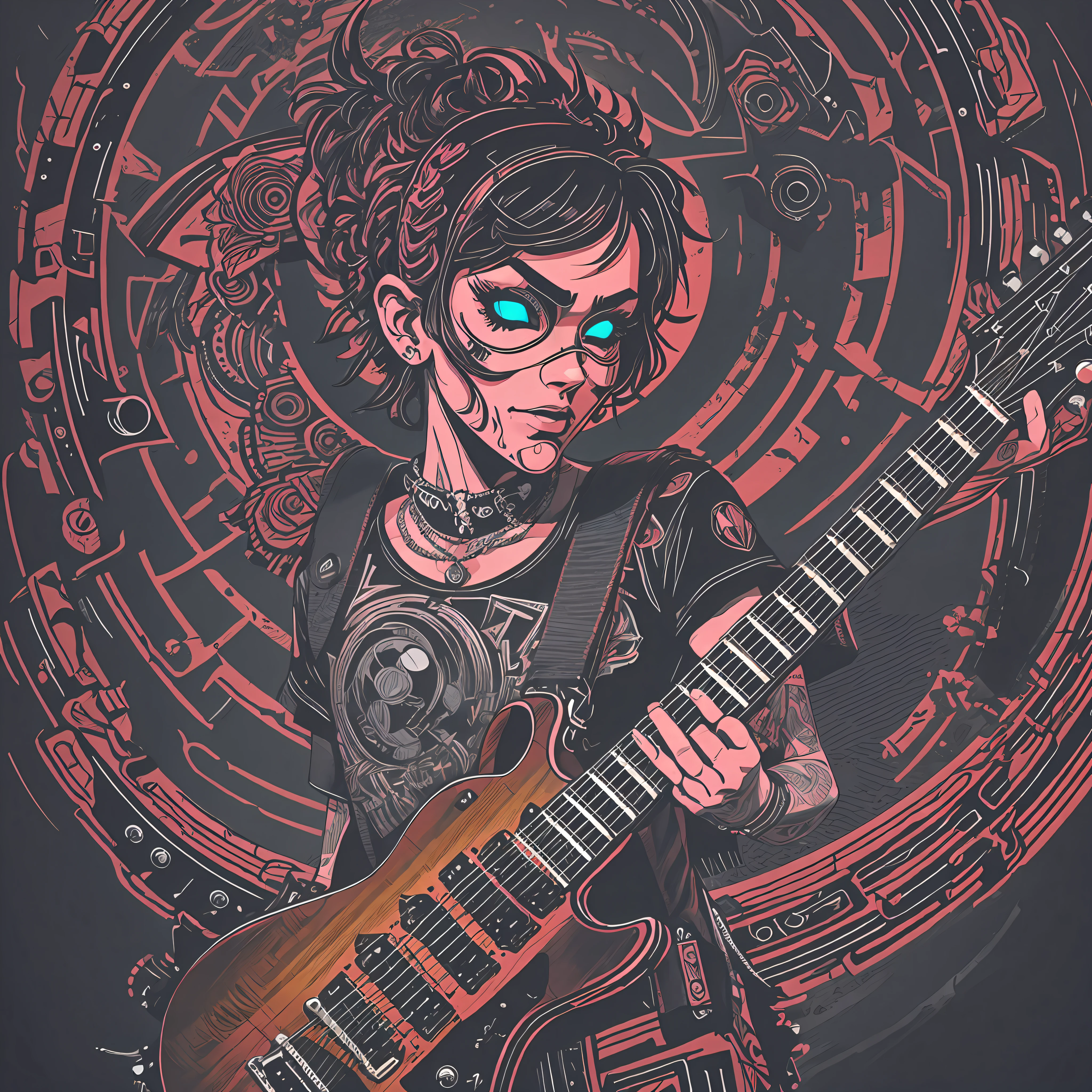 T-shirt art, 2D, ((black background: 1, 5)), vector, vivid colors, guitar punk, punk style, dystopian stage, masterpiece, best quality, intricate details, perfect symmetrical face, rim light, moonlight , cinematic shading, Greg Rutkowisk --auto --s2