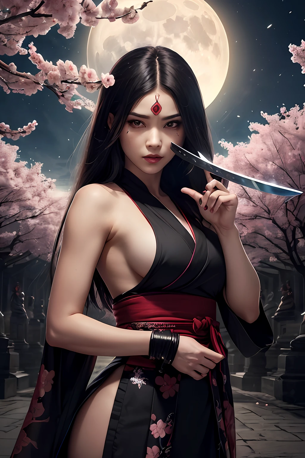 high quality fingers, normal hands, detailed fingers, masterpiece, (realistic, photo-realistic: 1.37), realistic, 1girl, long hair:1.5, black hair:1.2, red eyes:1.5, bright eyes, mortal kombat, ninja, weapons, kimono, dress,, large breasts, serene look, temple, meditation, ninja mask, cover half of face, demonic mask, reflection, moonlight, moon, cherry blossom, swords