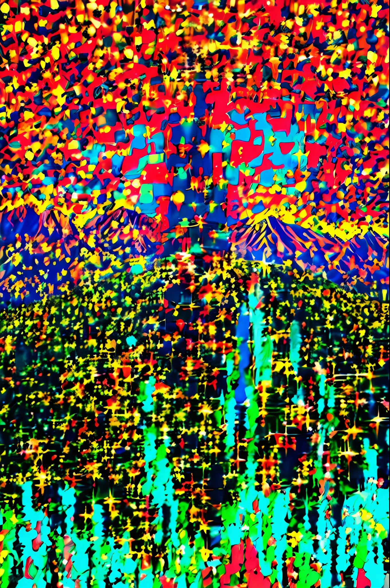 A person watching the scene against the backdrop of countless colorful lights flying around while glowing fantastically from the top of the mountain