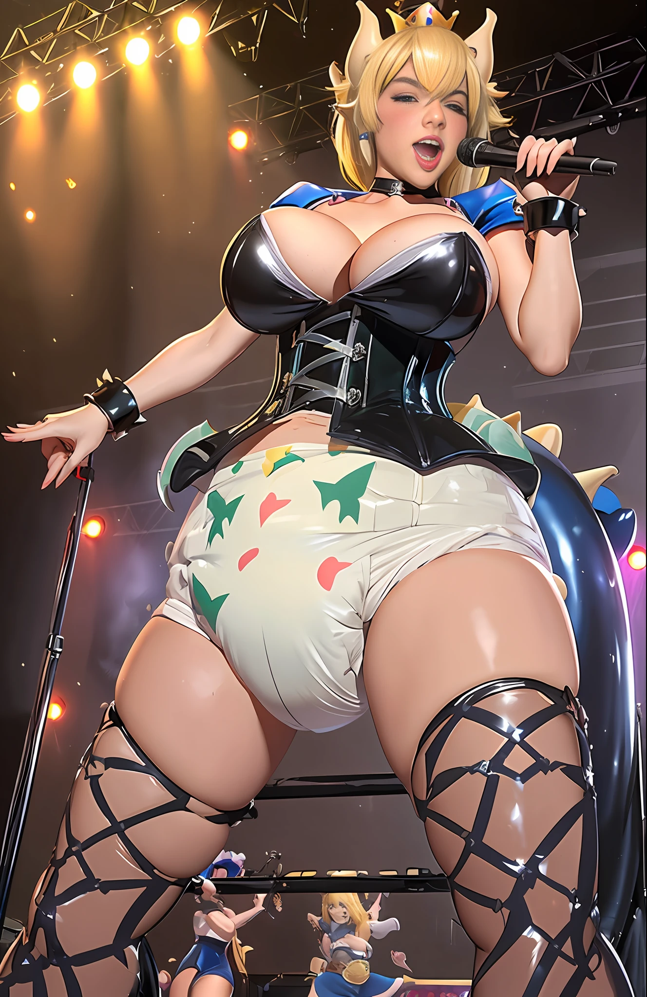 Sexy girl wearing (big diaper), ((bowsette)), busty, (big breasts), wide hips, ((latex)), stockings, fishnets, (corset), (hypnotic), ((magical)), (blushing), (confident) pleasure, ((orgasmic)), colorful, (stage), (stage lights), brick wall, (magic fog), mommydom, ((rock band show))