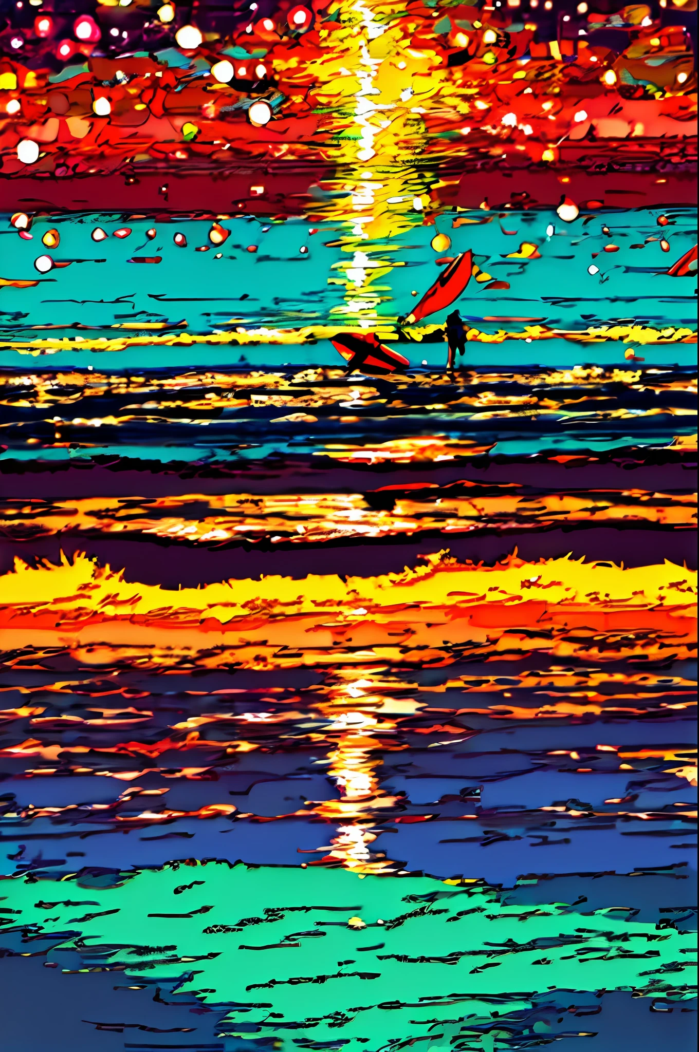 A person watching the scene against the backdrop of countless colorful lights flying around while glowing fantastically from the seaside