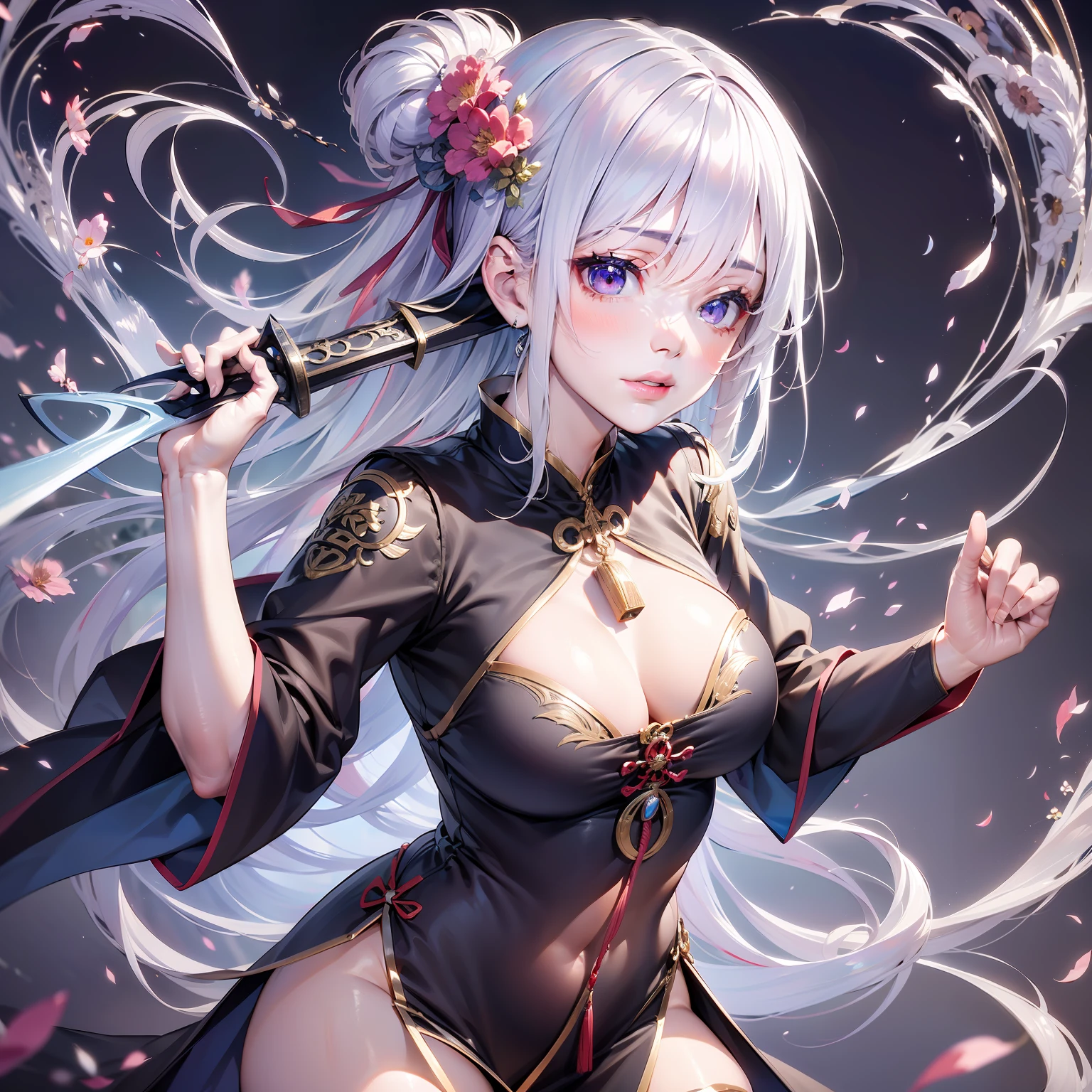 make realistic,1girls,White hair,Purple eye,glowing eyes,Cut the top,skirts,Parting lips,blushful,夜晚,fresh flowers,The Sun,Sun'rays,blured background,Chest sharpness