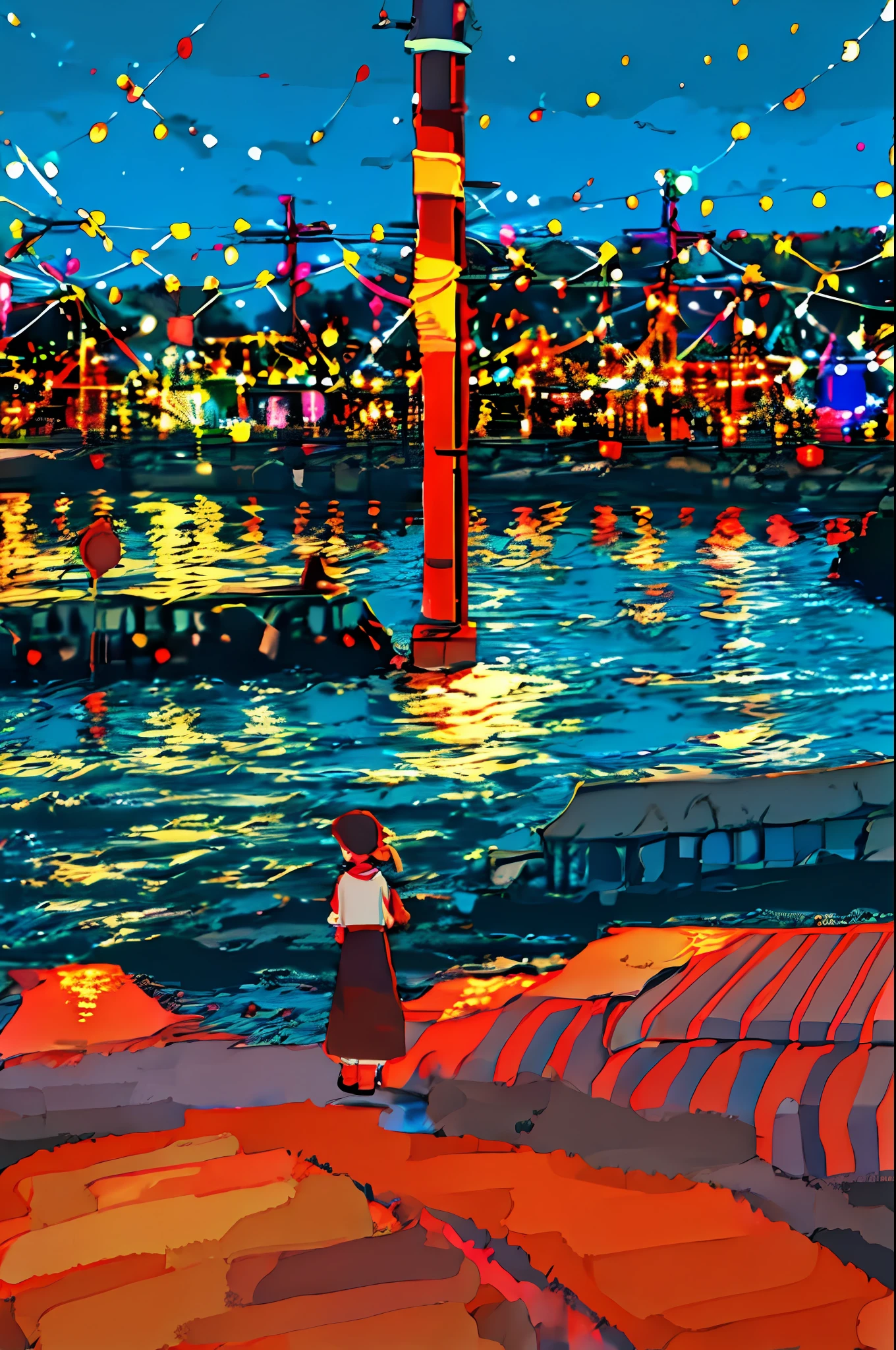 A person watching the scene against the backdrop of countless colorful lights flying around while glowing fantastically from the seaside