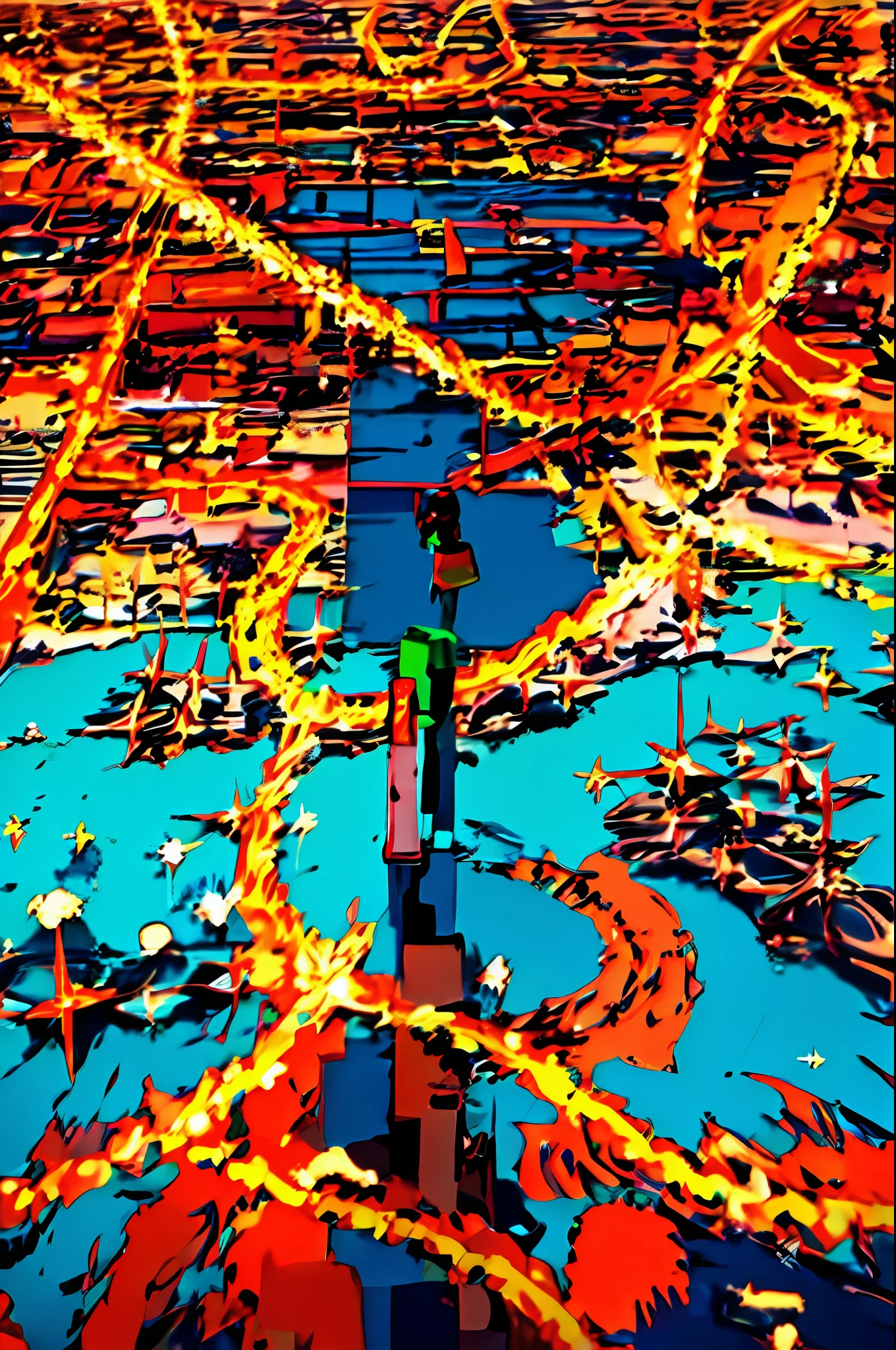 A person watching the scene against the backdrop of countless colorful lights flying around while glowing fantastically from the seaside