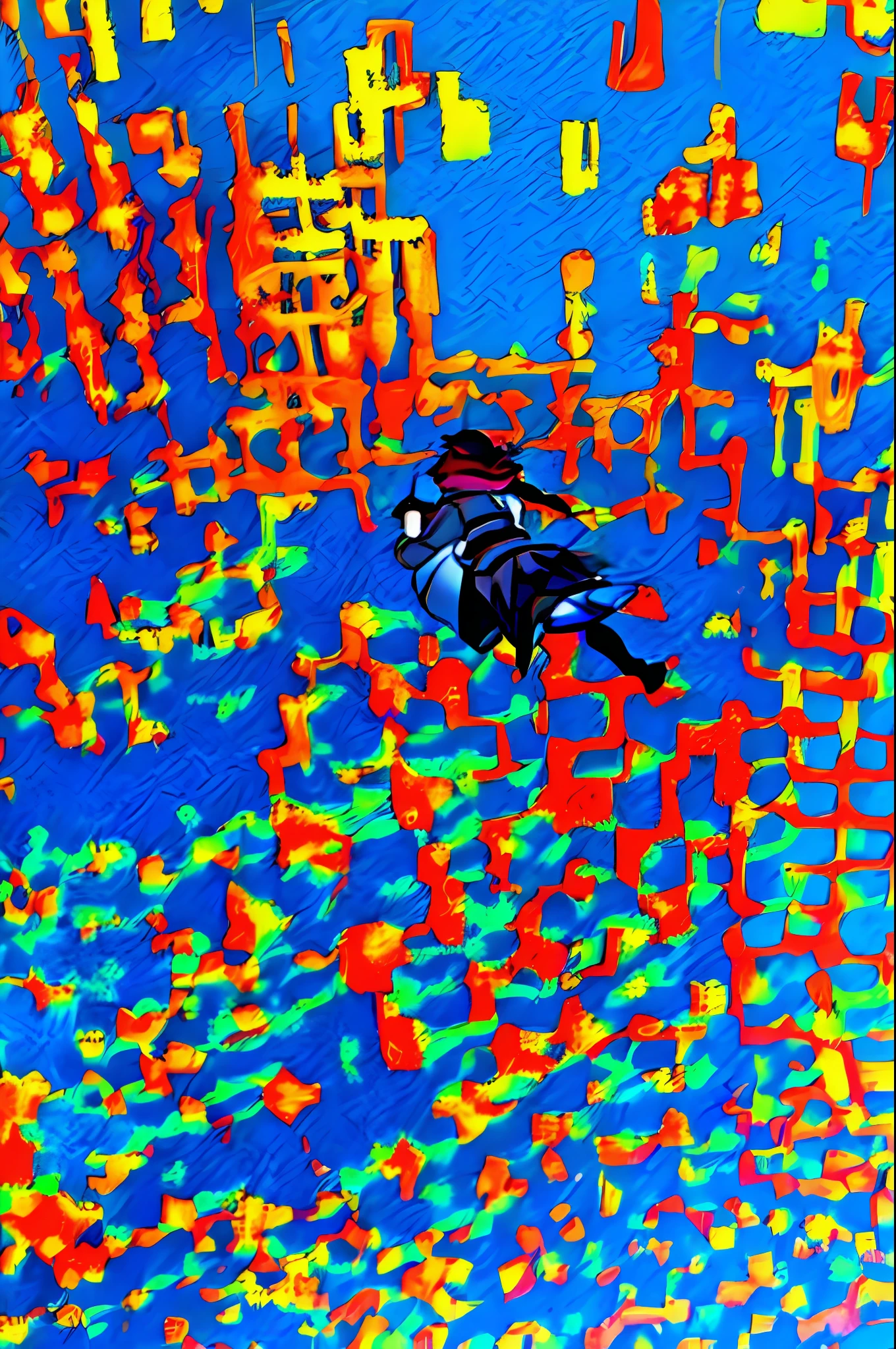 A boy watches from the top of a mountain against the backdrop of countless colorful lights flying around while glowing fantastically