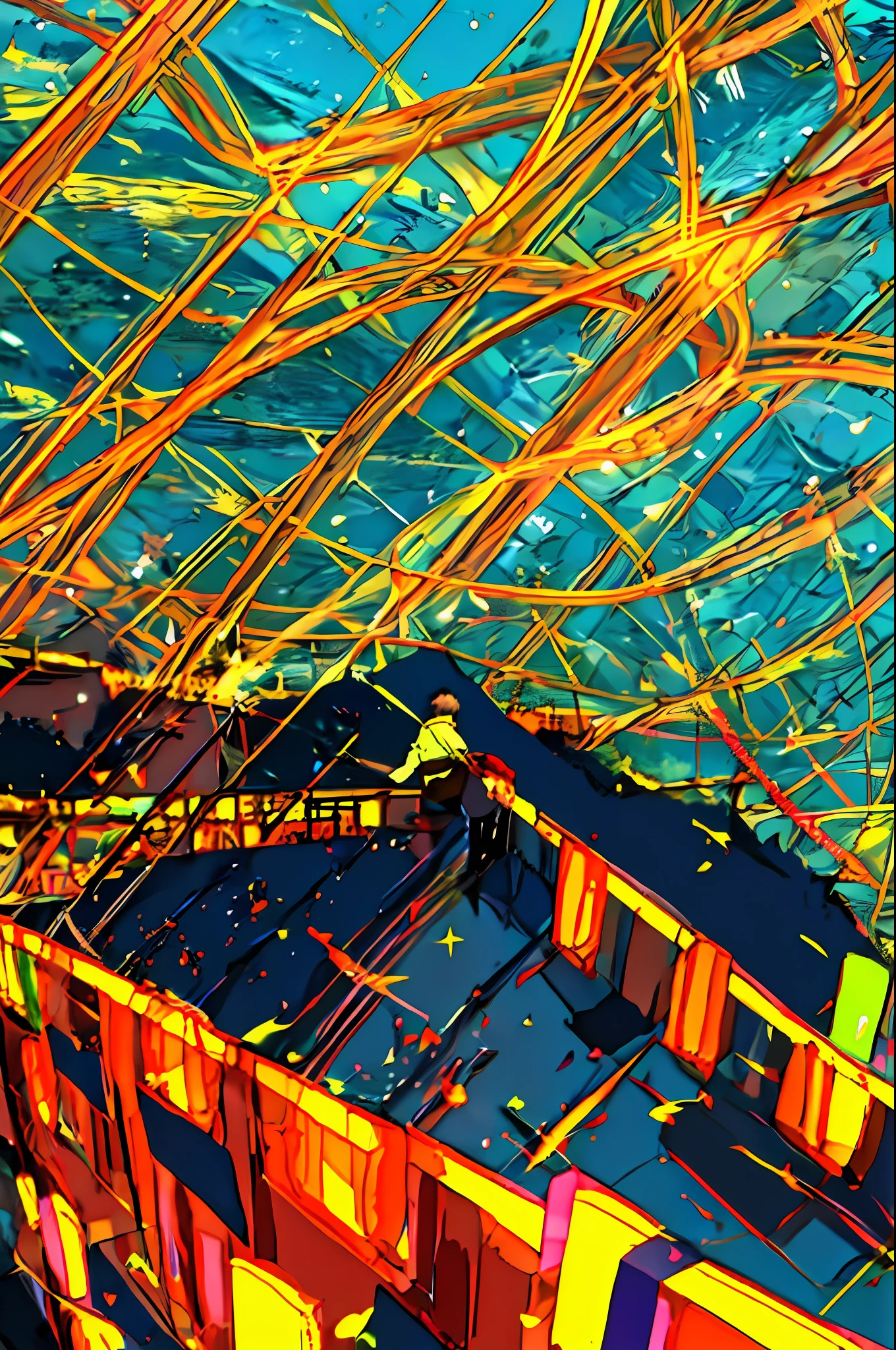 A boy watches from the top of a mountain against the backdrop of countless colorful lights flying around while glowing fantastically
