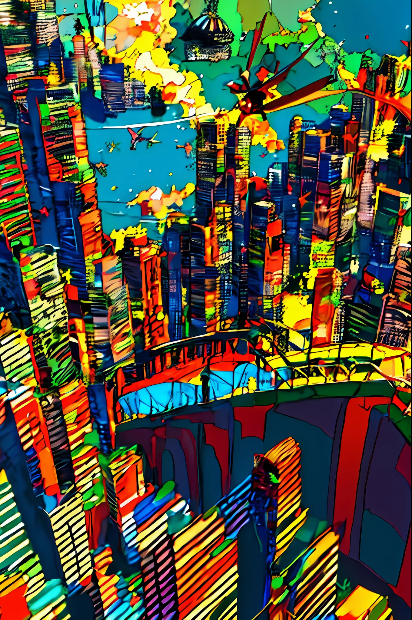 A boy watches from the top of a mountain against the backdrop of countless colorful lights flying around while glowing fantastically