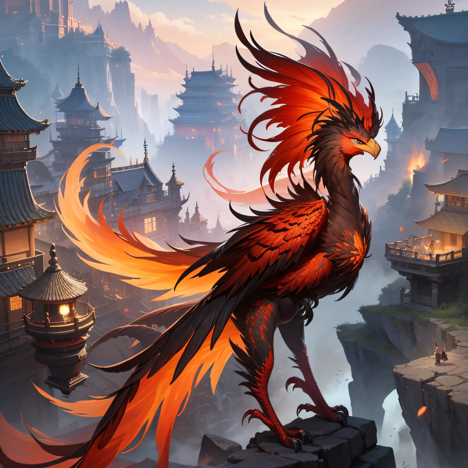 (HD delicate,Showy),An anthropomorphic phoenix under the movie special effects lens,Spread your wings in the air,Reborn from the ashes,Dreamy and charming Chinese style,Beautiful and picturesque landscape background,As vivid as in the comics。