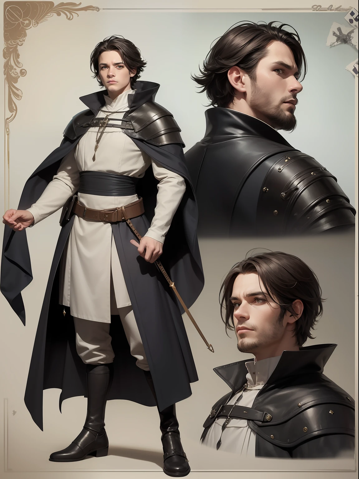 a man he is a criminal of the medieval era a bad character a villain leader of a group of criminals wears elegant medieval clothes and is in the underworld he is a medieval NPC for a D RPG&D create a face through a concept art, the same character in various positions: front, side and back, concept art of character