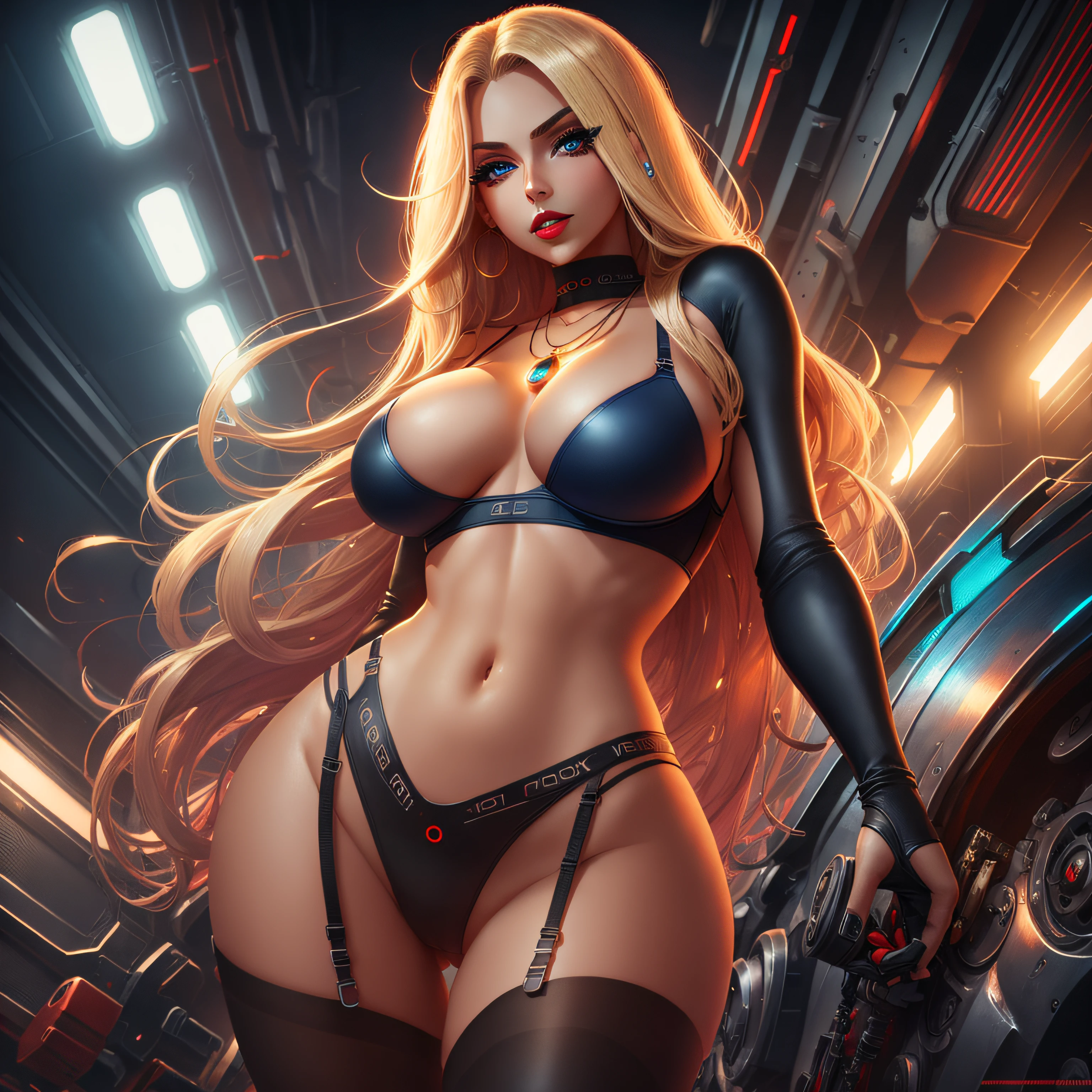 Masterpiece, 20 year old female, full body, blonde with orange hair, black skin-tight batman DC batman-style skin-tight textured bodysuit, slim waist, large breasts and large hips, next to her at the back a giant futuristic robot that aaompanies her. Focus Face, Masterpiece, Best Quality, Movie, Official Art, Propaganda Art, Movie wallpaper, Highly Detailed CG Unified 4k Wallpaper, Intricate Details, White Background, , Concept Art, Production Art, (, High resolution, (realistic, photorealistic: 1.2), physics-based rendering, machinery, reflection, realistic, symmetrical light 1 girl, mecha, (Illustration: 1.1), slim, white skin, delicate face, royal robe, glow, stockings , (long blonde hair), green eyes, battlefield, Chip, Shine,nsfw