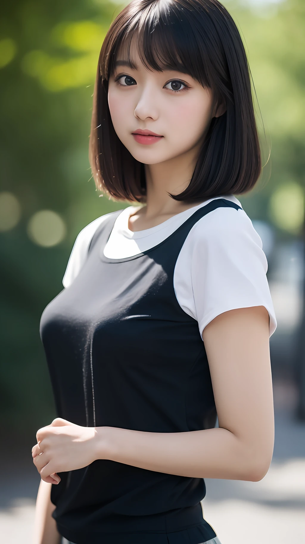 (8K, 4K, Best Quality, High Definition, Ultra High Definition: 1.1), (Masterpiece, Realistic, Photorealistic: 1.1), One Girl, Japan Person, Cute, College Student, Black Hair Short, White Short Sleeves, Background Blur, Light Clothing