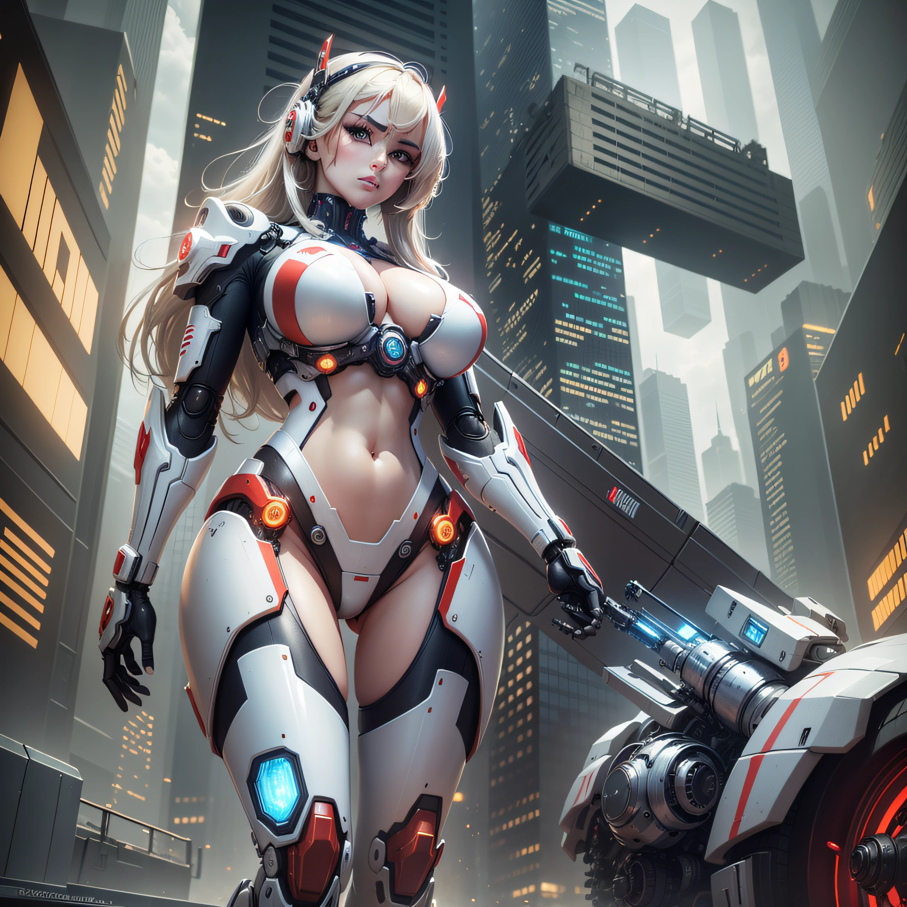 Masterpiece, 20 year old female, full body, blonde with orange hair, futuristic space orange black with tight body suit, slim waist, big breasts and big hips, next to her in the back a futuristic robot with missiles. Focus Face, Masterpiece, Best Quality, Movie, Official Art, Propaganda Art, Movie wallpaper, Highly Detailed CG Unified 4k Wallpaper, Intricate Details, White Background, , Concept Art, Production Art, (, High resolution, (realistic, photorealistic: 1.2), physics-based rendering, machinery, robotics, reflection, realistic, symmetrical light 1 girl, mecha, (Illustration: 1.1), slim, white skin, delicate face, king's robe, glow , stockings, (long blonde hair), green eyes, battlefield, Chip, Shine, nsfw