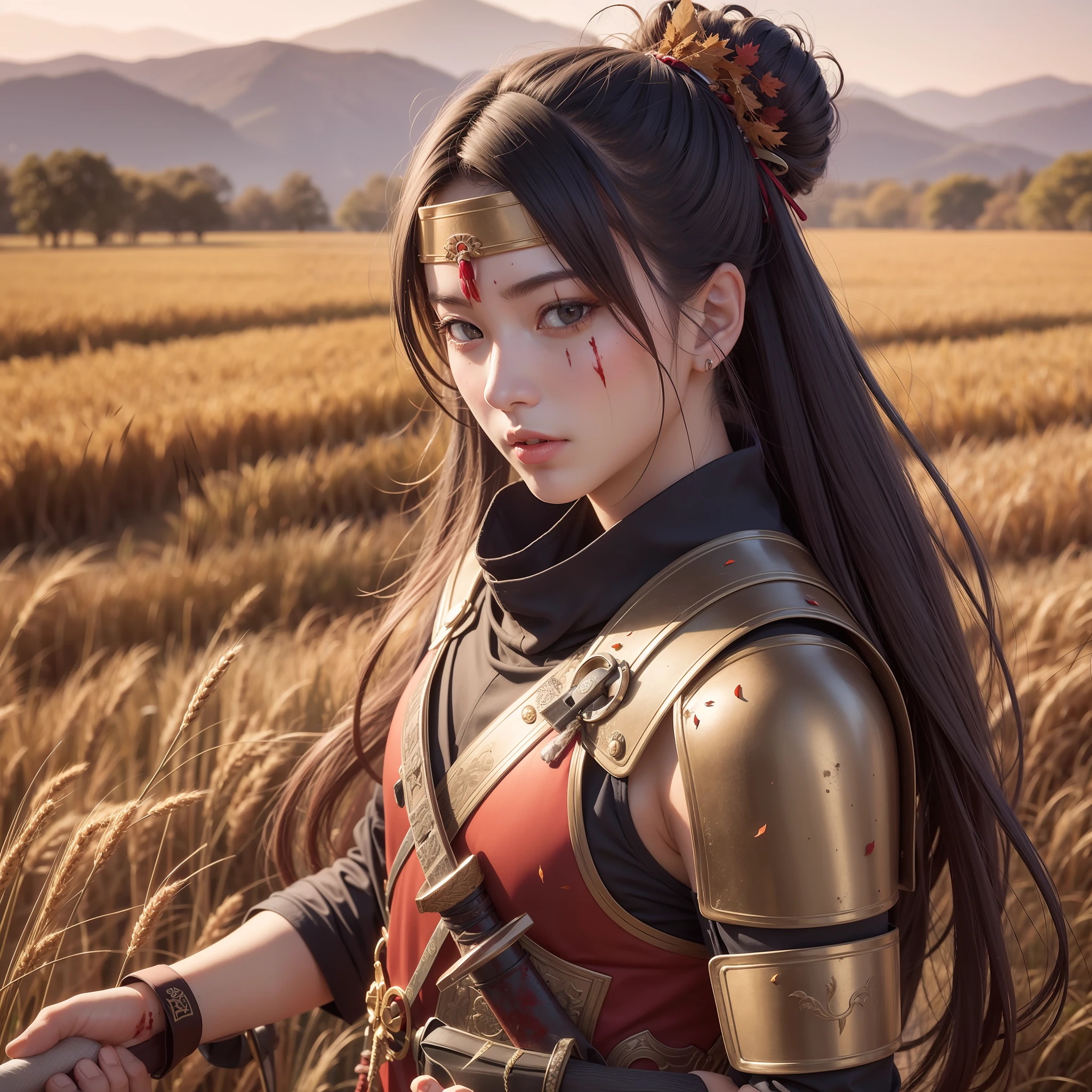 Best quality, masterpiece, great details, 8k, realistic, samurai . Clothes: red armor, worn off , battle marks, 2 swords , blood on sword, chipped away . Background: fall , sunset , wheat field , red leaves .