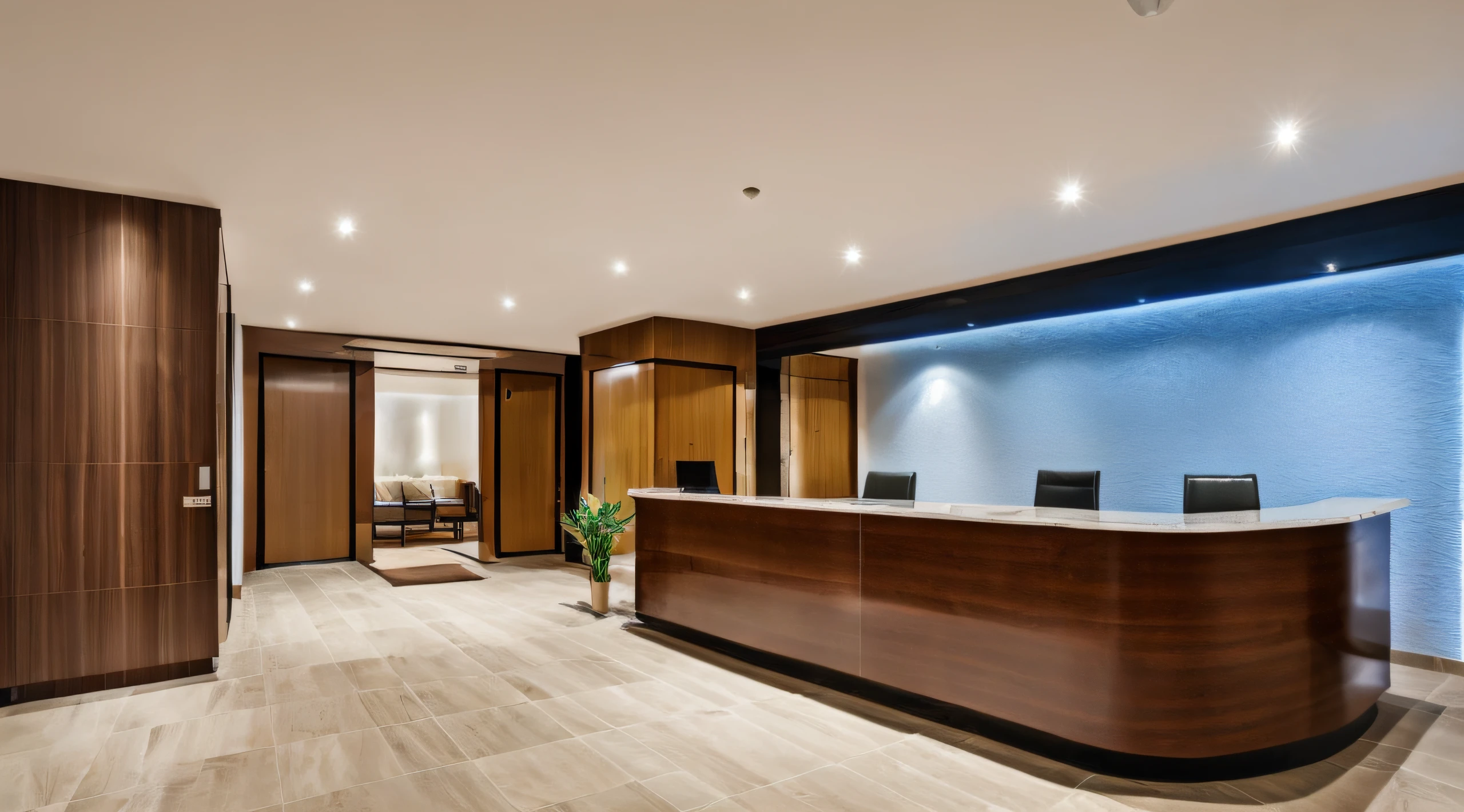 hotel reception room, ultrarrealista, 8k, clear, porcelanato com brilho, sem pessoas ou animais, totalmente iluminado, advertising lighting,