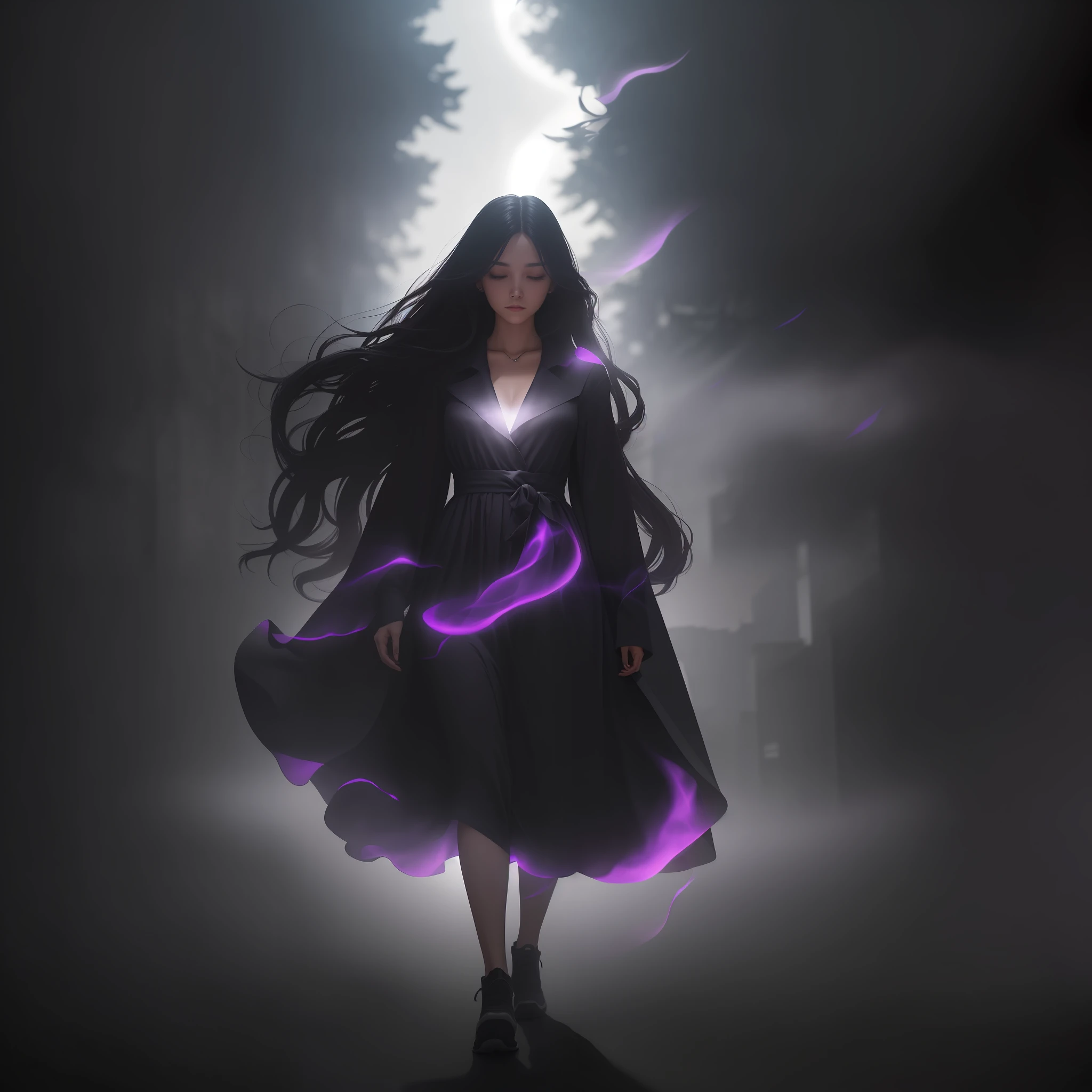 Woman walking head-on down a road at night, with fog and shadows, wavy and long black hair, hand hidden, high quality, ultra-detailed, 8k, masterpiece, (volumetric lighting), black magic, fanciful, lilac colors, purple, black and vivid shadows on the woman's return. --auto --s2