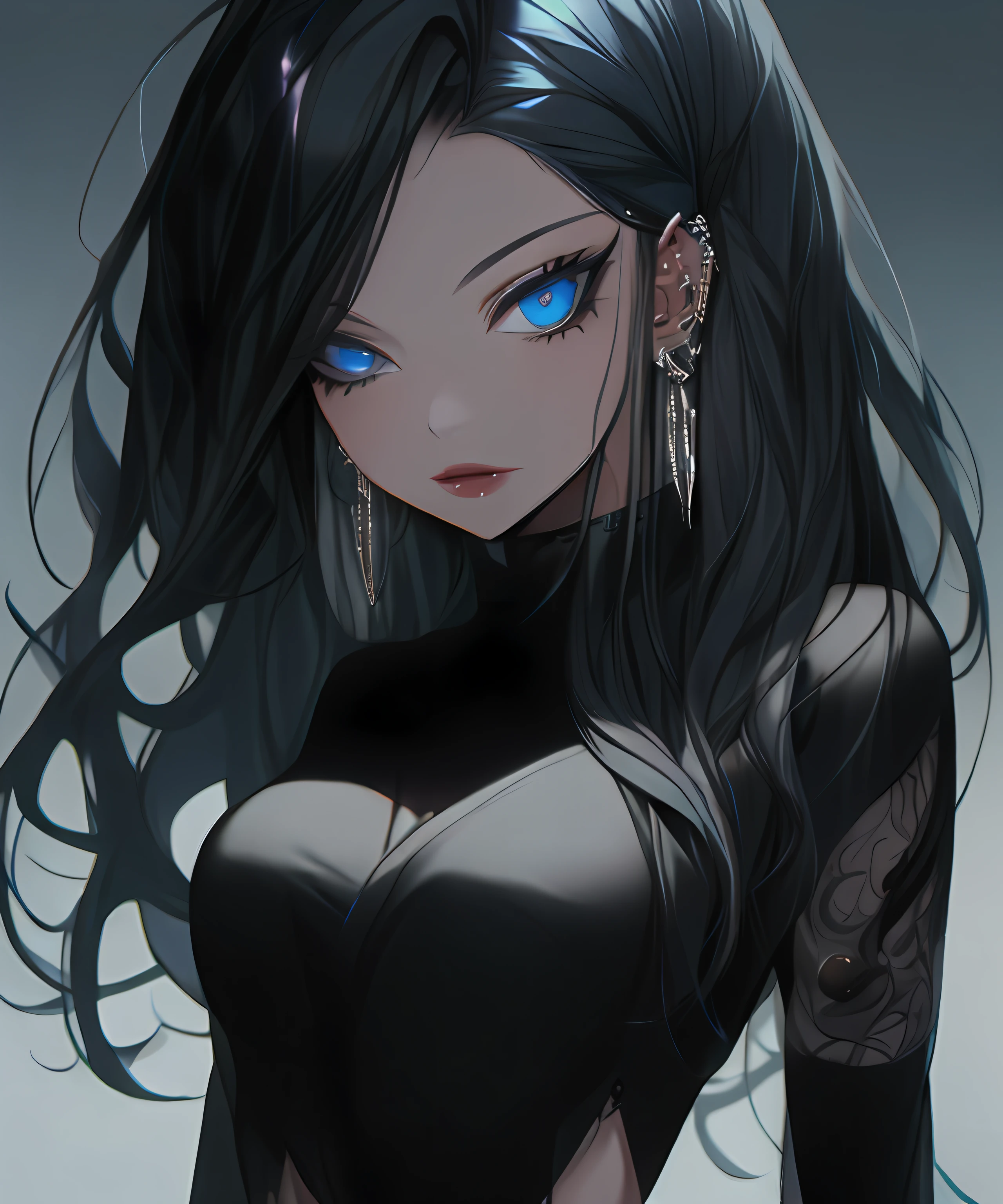 re-l from ergo proxy, black hair, pale skin, blue eys, blue eye shadow, gothic cyberpunk, looking straight, looking at camera, adult woman, 1girl, solo, blue eyes, black hair, long hair, jewelry, looking at viewer, earrings, closed mouth, simple background, upper body, breasts, grey background, zipper