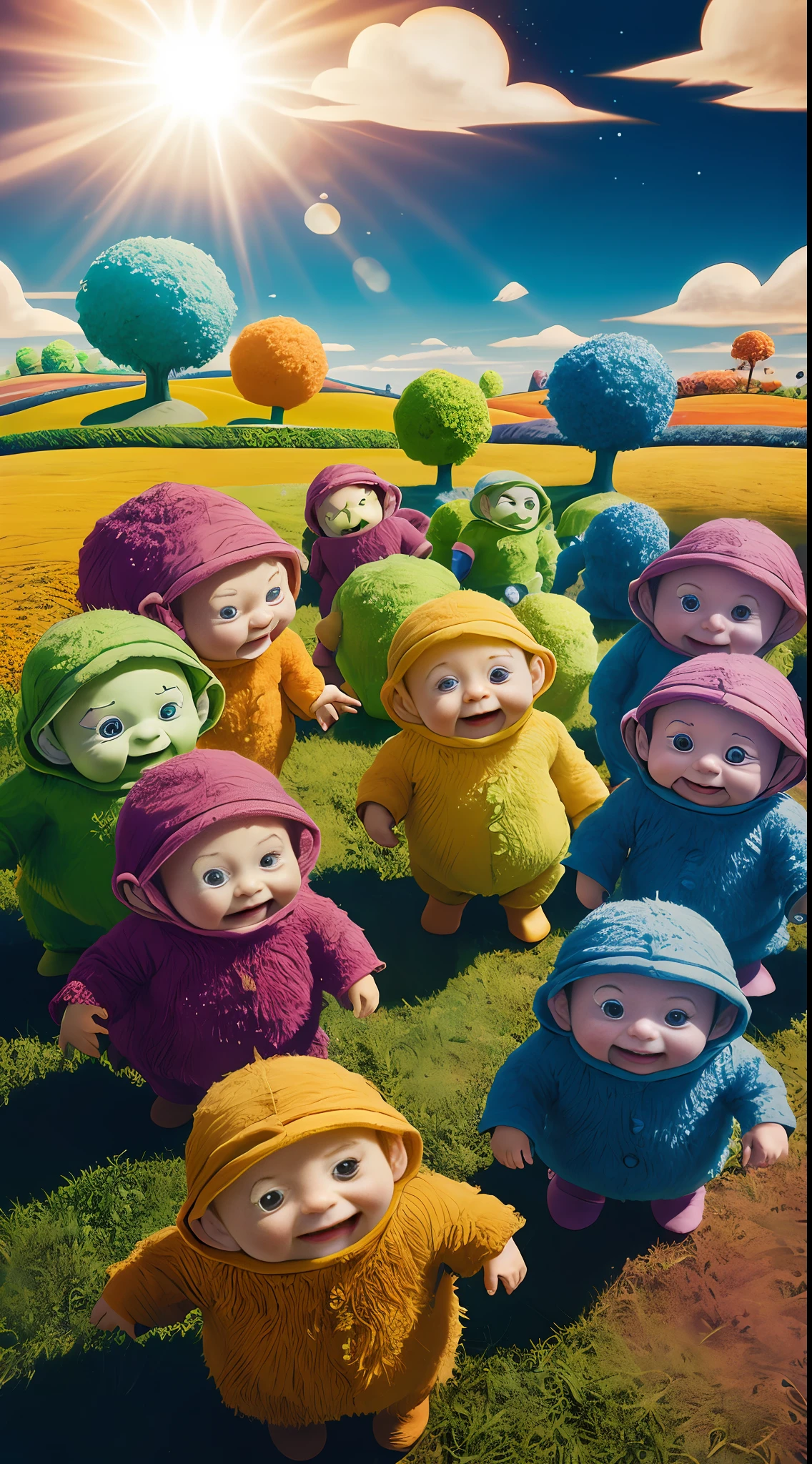 Telettubies a picture by Tadashi Nakayama, reddit, happening, teletubbies, teletubbies in the backrooms, children's animated films, live action children's tv show, promotional art