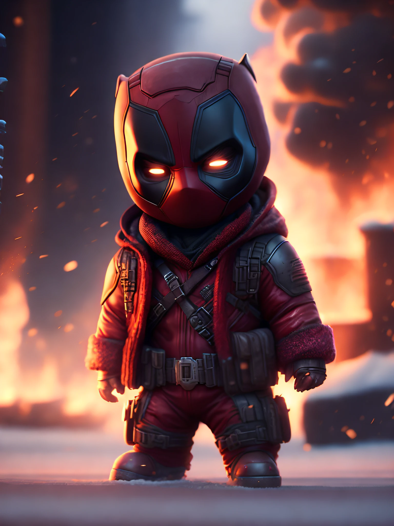 snowapocalypse cinematic shot of realistic cute deadpool , surounded by fire, seamless, epic, cinematic, intricate detail, award winning, great lighting, shading, high quality, detailed