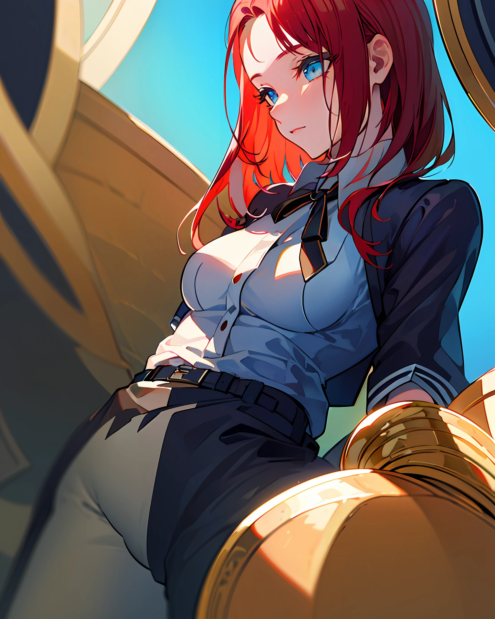 Makima,(masterpiece, best quality, perfect anatomy, nice hands: 1.2, 1girl: 1.2, solo: 1.3, illustration: 1.2), official art, wallpaper, ultra detailed, beautiful and aesthetic, realistic, medium hair, braid, polo, black tie, black pants (knees: 1.1), classroom, bottom, leaning back, flying button, tiny breasts, side lighting, blue sky, red hair, golden eyes, large thighs