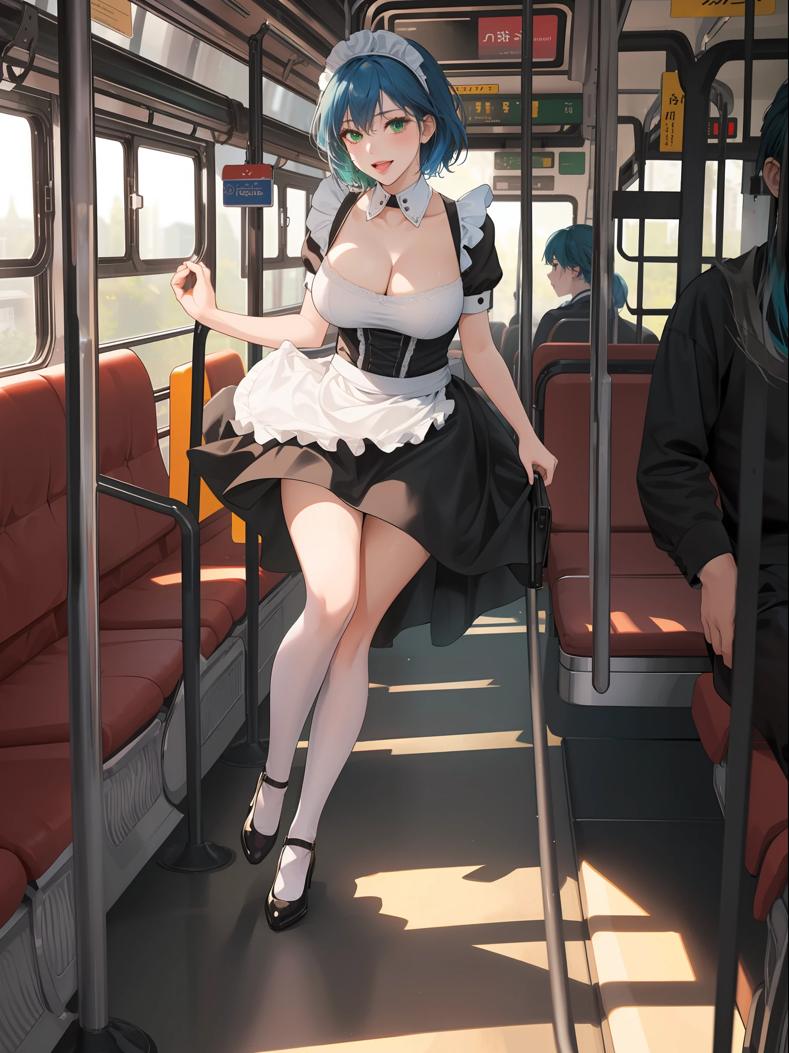 ((full body):1.5), {((only 1woman))}, wearing {((black maid outfit with white parts, extremely tight on the body))}, has {((extremely giant breasts):1.2)}, {((she has very short blue hair, green eyes))}, she is looking at the viewer, {((glance of pure pleasure, expression of pure pleasure)), ((she is doing erotic poses)), {Background: ((bus full of people of different ethnicities and clothing))}, 16k, high quality, high detail, UHD