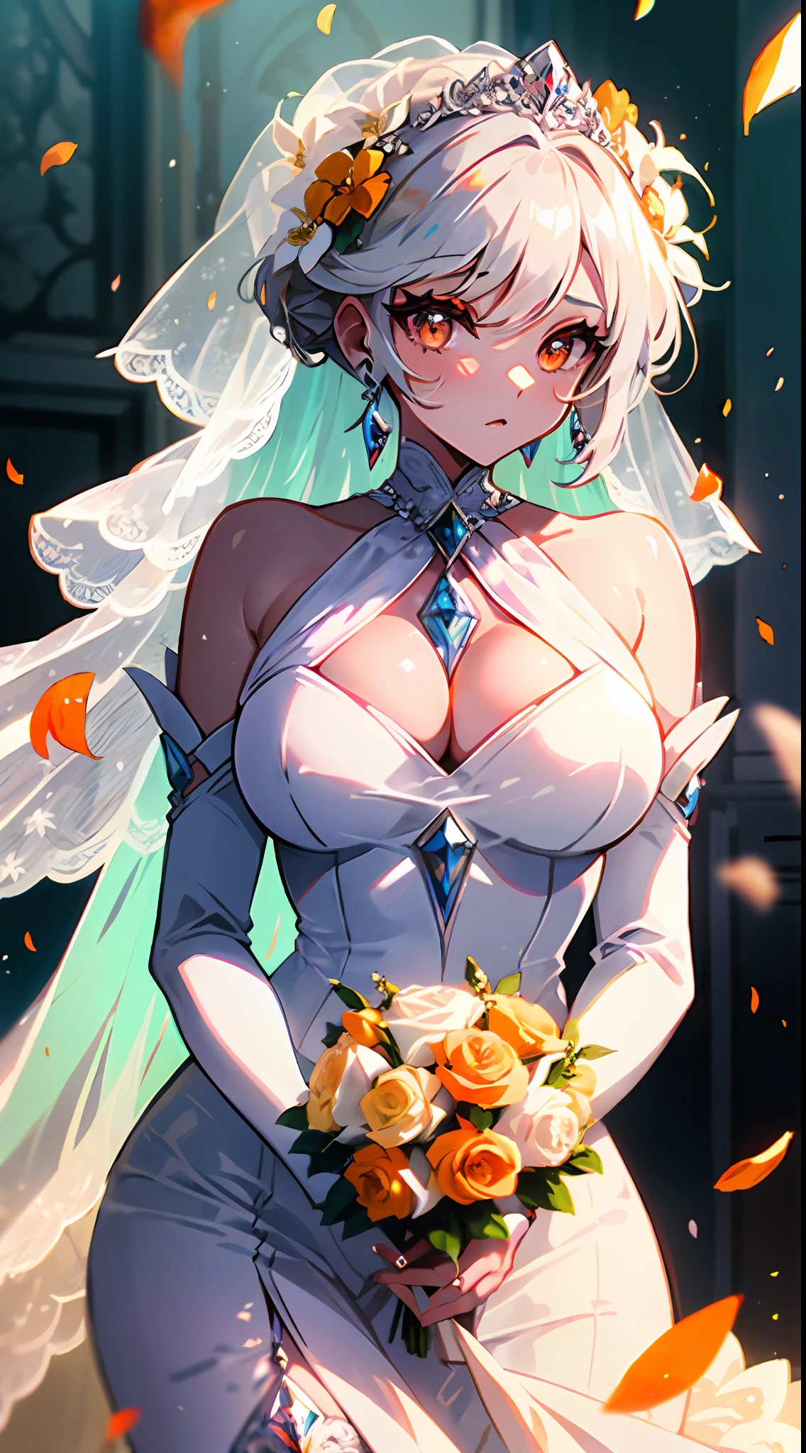((wedding)), ((Bride)), White Hair, Orange Pink Eyes, Two-tone Hair, Two-Tone eyes, ((Bridal Outfit), ((Flowers)), ((Petals)), ((Curvy)), ((Elegant)), ((Orange)), ((Crystals))