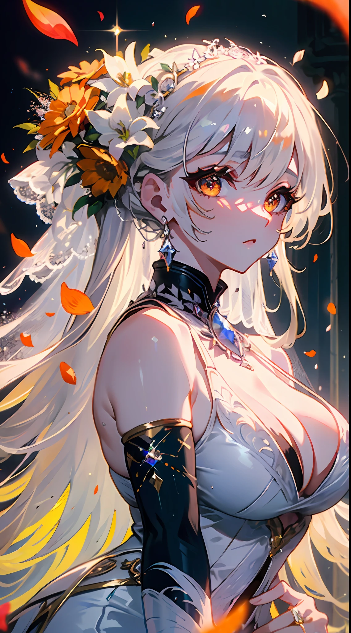 ((wedding)), ((Bride)), White Hair, Orange Pink Eyes, Two-tone Hair, Two-Tone eyes, ((Bridal Outfit), ((Flowers)), ((Petals)), ((Curvy)), ((Elegant)), ((Orange)), ((Crystals))