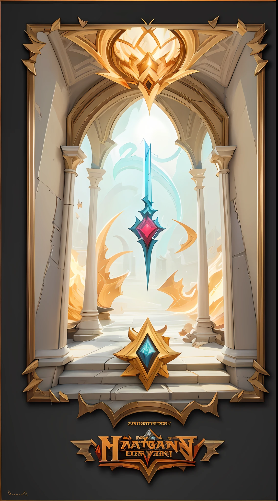 there is a poster of a star and a sword in a building, ornate border + concept arts, mtg art style, magic the gathering art style, full art, concept art magical highlight, collectible card art, heartstone original art style, Official concept art, extended art, Riot Games concept art, hearthstone art style, League of Legends concept art