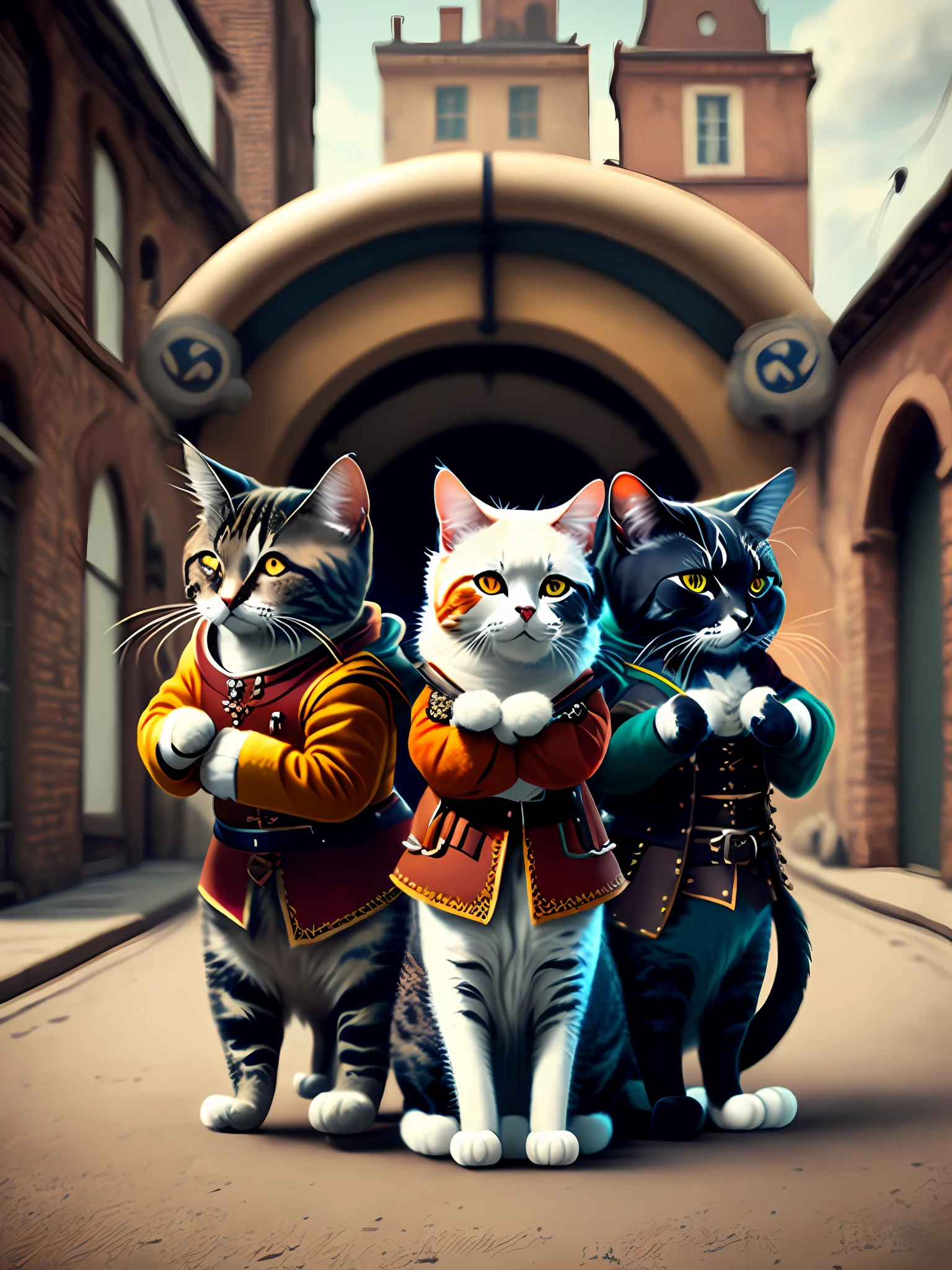 picture of three cats as musketeers, art station trend, dressed in musketeers outfits, hyper realistic detailed rendering, urban style, action poses, planet of cats, musketeers clothes