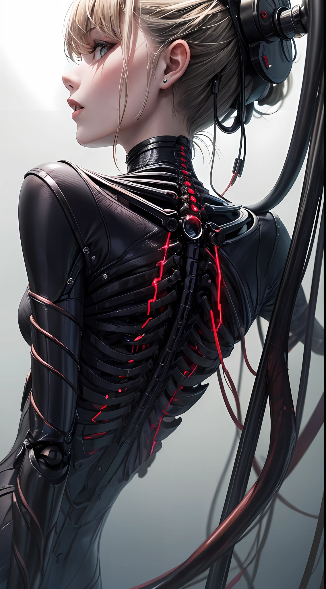 (((Masterpiece))), ((Best Quality)), (Super Detail), (CG Illustration), (Very Evil and Beautiful)), Cinematic Light, ((1 Mechanical Girl)), Single, (Mechanical Art: 1.4), ((Mechanical limb)), (Blood vessel attached to a tube), ((Mechanical spine attached to the back)), ((Mechanical cervical vertebrae attached to the neck), (Back to the viewer)), expressionless, ( Wires and cables attached to the head and body: 1.5), Science Fiction, Apocalypse, Ruins, (Lower Body Integrated with Mechanical Devices), (Blood: 1.5), Cruelty, Absurdity, Eroticism, Fusion with Machines, Doomsday Time, Super Future, Inorganic, Laboratory, Restraint, (Beautiful Indulgence: 1.2), (1 Girl: 1.3), Body Wrapped Around Mechanical Tentacles