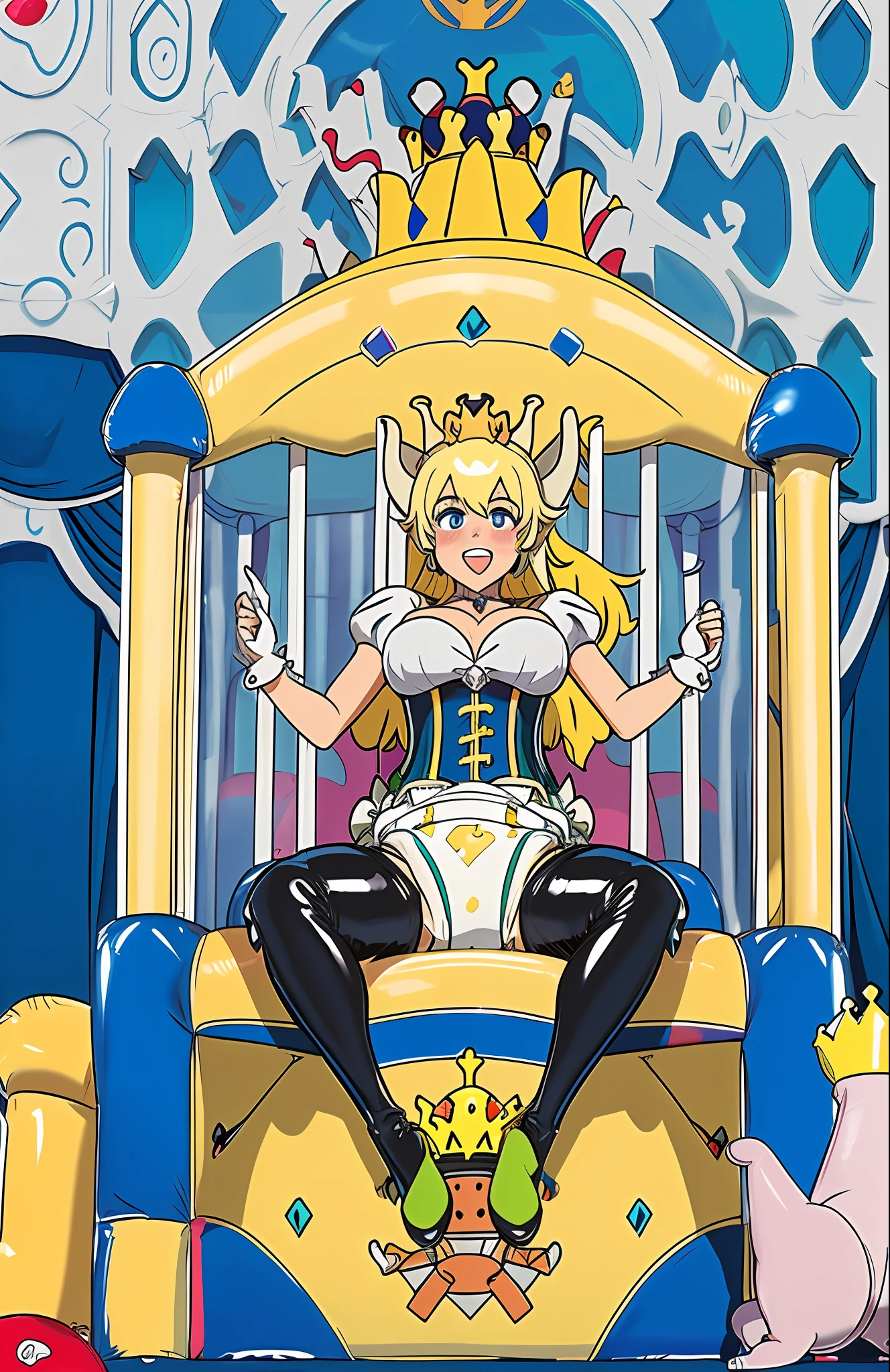 Sexy girl wearing (big diaper), ((bowsette)), busty, (big breasts), wide hips, ((latex)), stockings, fishnets, (corset), (hypnotic), ((magical)), (blushing), (confident) pleasure, (orgasmic), colorful, castle window, (magic fog), ((mommydom)), ((bounce castle)), (inflatables)