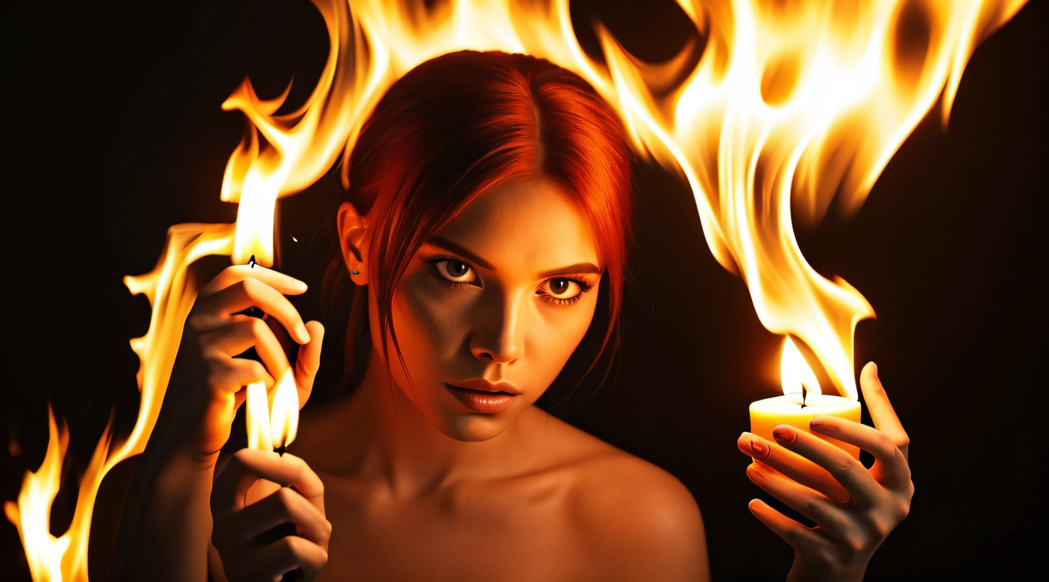 there are four pictures of a girl with red hair and a candle, holy flame spell, scary horrifying satanic rituals, flame conjuring, casting a flame spell, usando chamas tumultuosas, !5 three eyed goddesses, burning hands, casting fire spell, the 5 th element, Directed by: Bernardino Maio, todo o rosto coberto com um fogo, inspirado em Gottfried Helnwein --auto