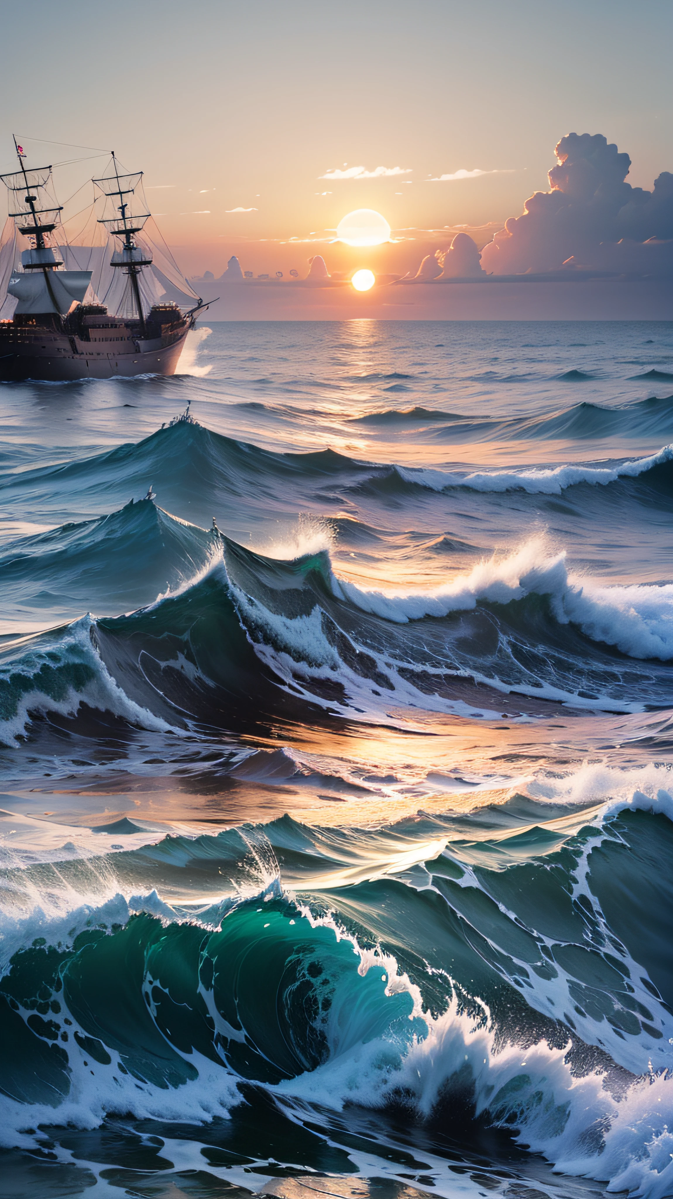 view of turbulent swells of a violent ocean storm, inside a glass bottle on the beach ม dramatic thunderous sky at dusk at center a closeup of large tall pirate ship with sails, breaking light --auto