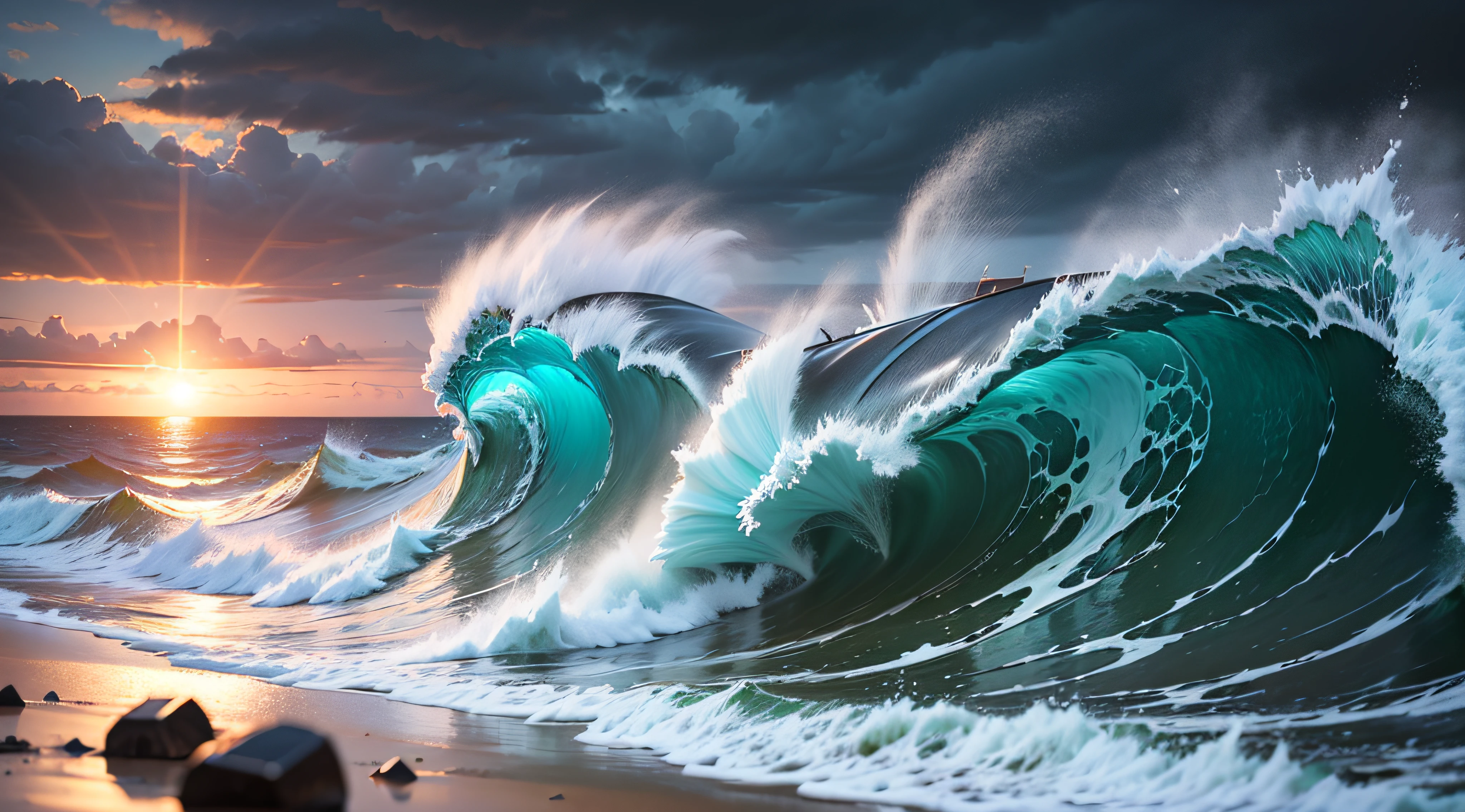 view of turbulent swells of a violent ocean storm, inside a glass bottle on the beach ม dramatic thunderous sky at dusk at center a closeup of large tall pirate ship with sails, breaking light --auto