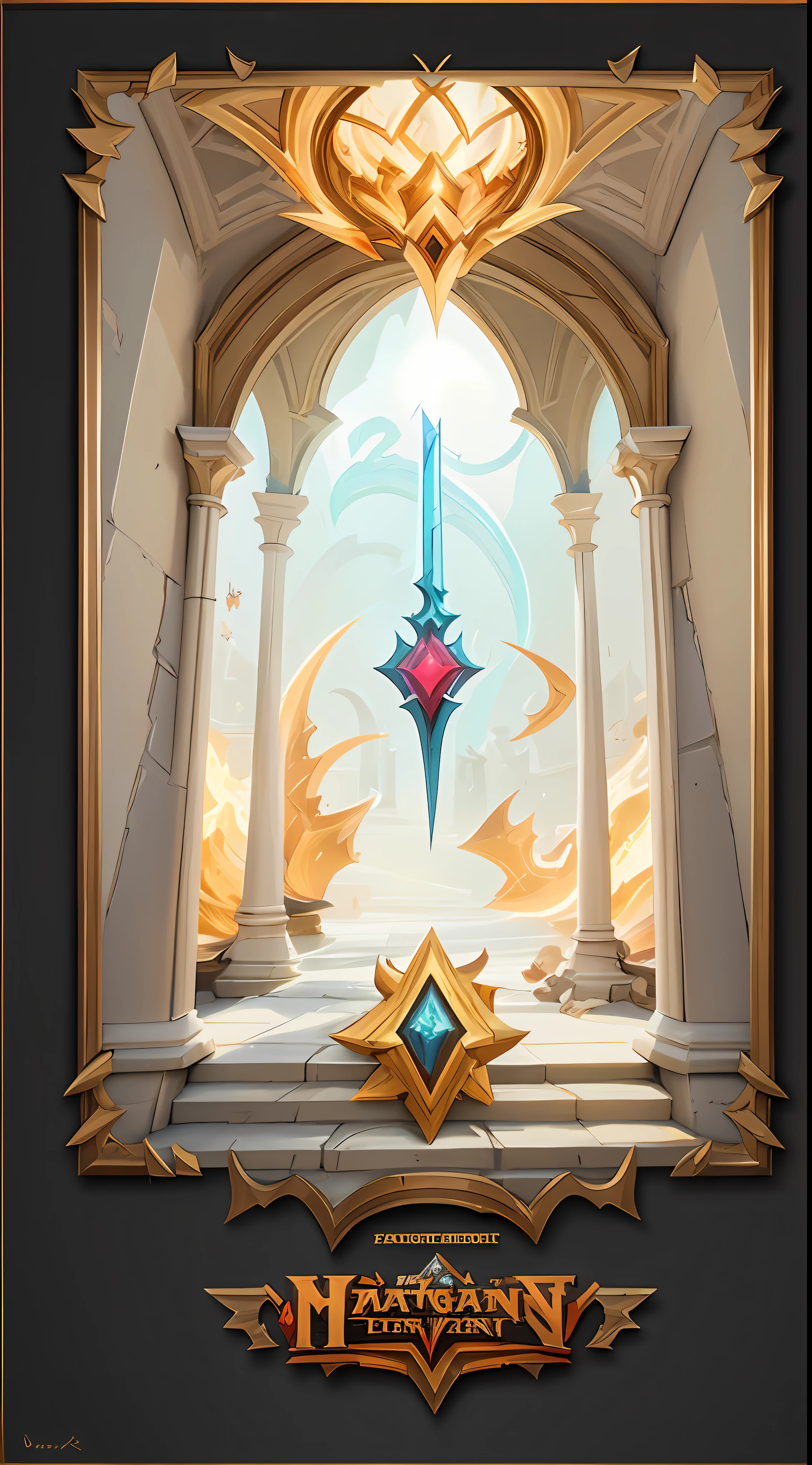 there is a poster of a star and a sword in a building, ornate border + concept arts, mtg art style, magic the gathering art style, full art, concept art magical highlight, collectible card art, heartstone original art style, Official concept art, extended art, Riot Games concept art, hearthstone art style, League of Legends concept art