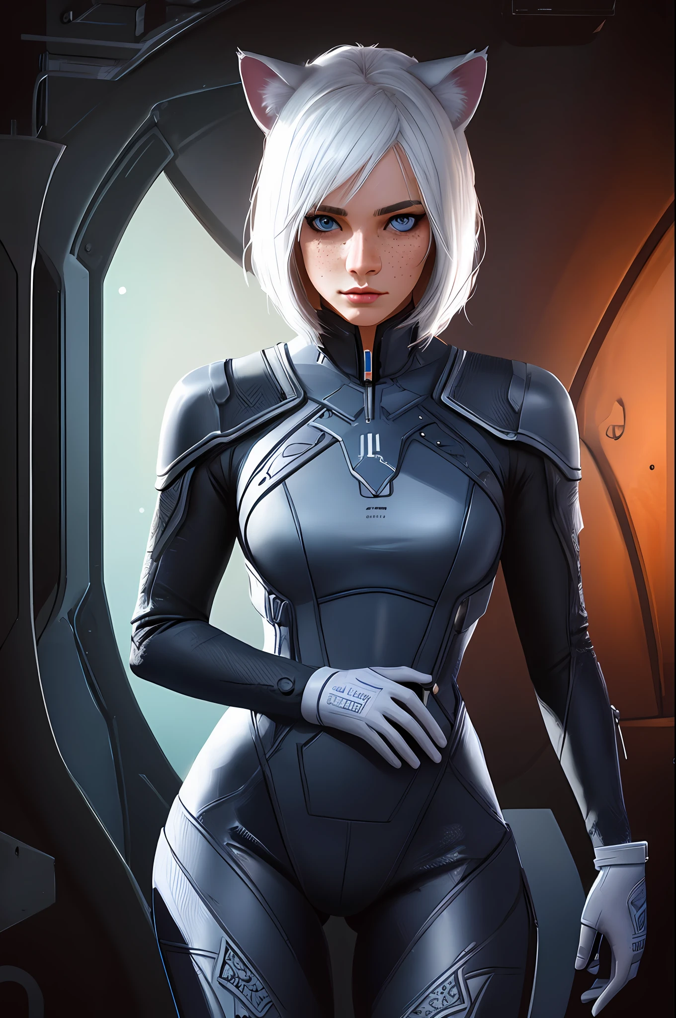 beautiful girl, woman, sexy body, (cute:1.3), white hair, [chin-length bob], [shapewear bodysuit])), (((realistic))), (cute), (detailed face), detailed eyes, cameltoe, detailed iris, blue eyes, freckles, cat ears, (cgi), space station,  best lighting, absurdres, high details, intricate, intricate details, sharp focus, screen space reflextions, RTX, edge lighting, rim light, rimlighting, best lighting, by greg rutkowski, trending on artstation detailed, award winning illustration, hd, 4k, digital art, highly detailed, cinematic lighting, vibrant colors, in the style of noah bradley, Beksinski