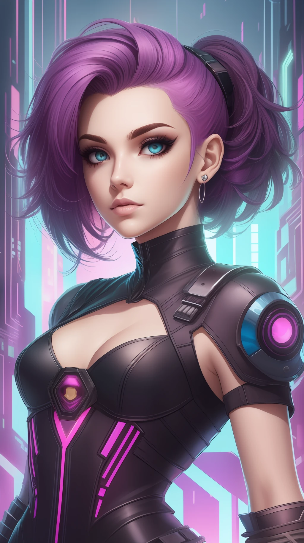 uma personagem feminina muito bonita tentadora, com cabelos dourados, com olhos esverdeados escuros, com casaco de couro roxo decotado,revelador, com short curto provocante preto, estilo cyberpunk