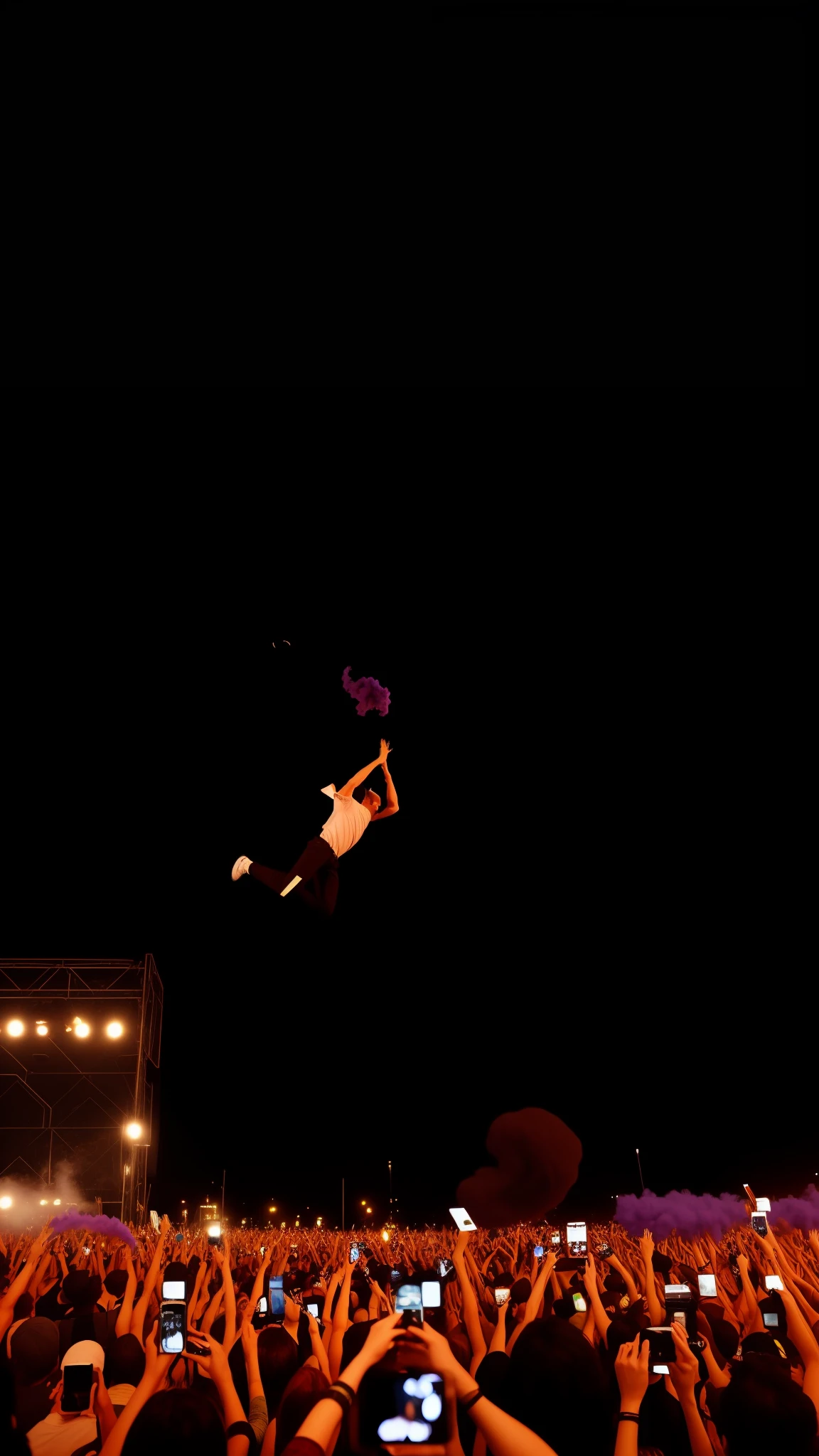 crowd of people taking pictures of a man flying through the air, purple smoke, flutuando no ar, image aesthetics style Ken carson music video rock and roll