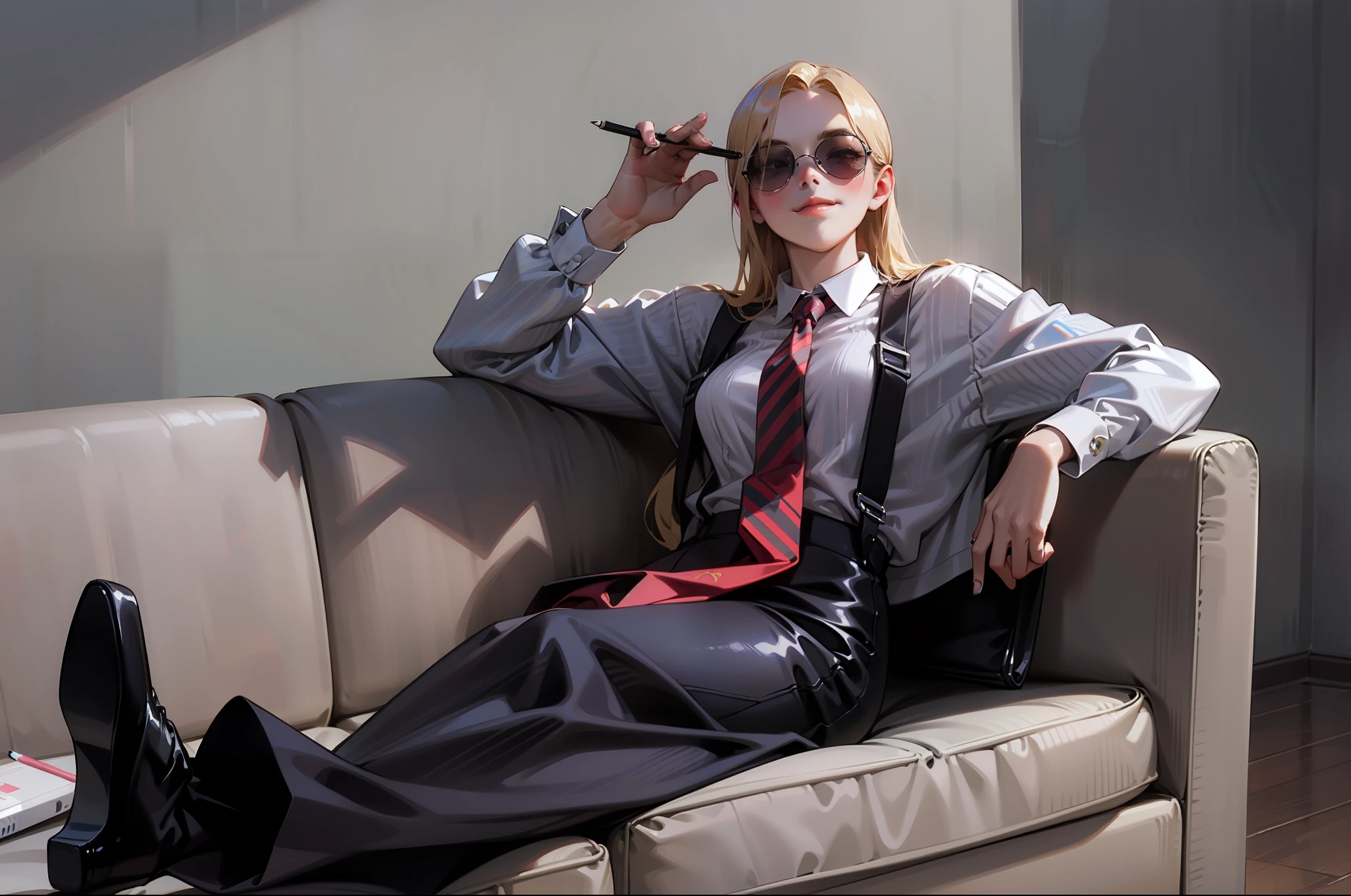 Anime style, Ridiculous, high resolution, super detailed), 1 girl, beautiful, solo, mature, (layback long blonde hair flowing on shoulders with long parted bangs), medium breasts, wide hips, crossed legs, short pencil skirt, black leggings, black high heels, sitting on white couch, holding pencil, placing arm on couch's border, highest detail, smiling with closed mouth, looking front, white background, dark shades sunglasses hiding eyes, relaxed eyebrows, striped dress shirt with long sleeves, red tie, dark blue suspenders